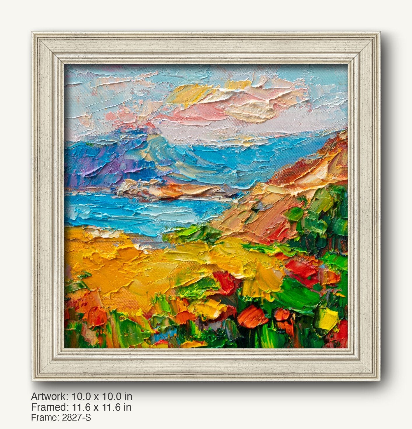 Hand-painted coastal sunset in a light gray classic frame, featuring textured oil brushwork with vibrant blues, yellows, and greens on canvas