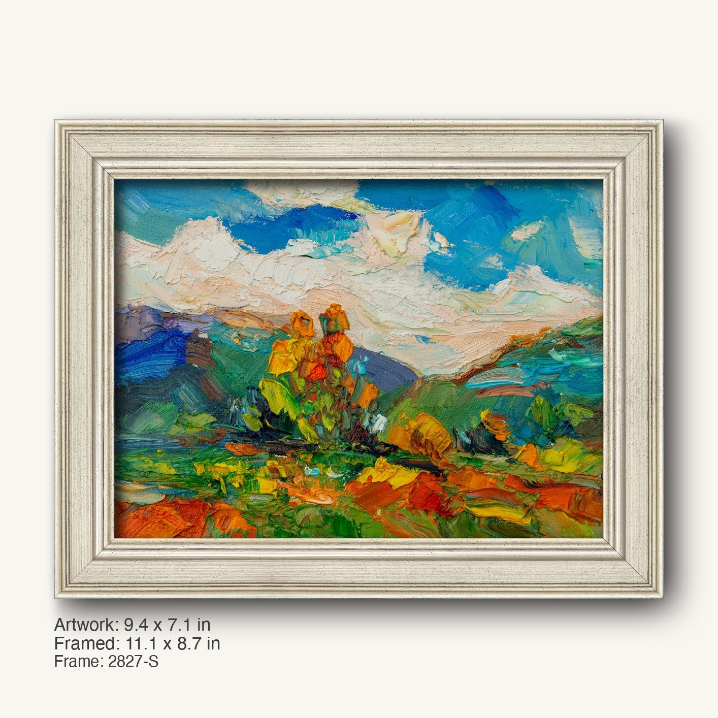 Expressive Field of Marigolds by George Miller in a white-washed wooden frame with a classic profile, showcasing vibrant orange marigolds against a dynamic blue sky and green landscape.