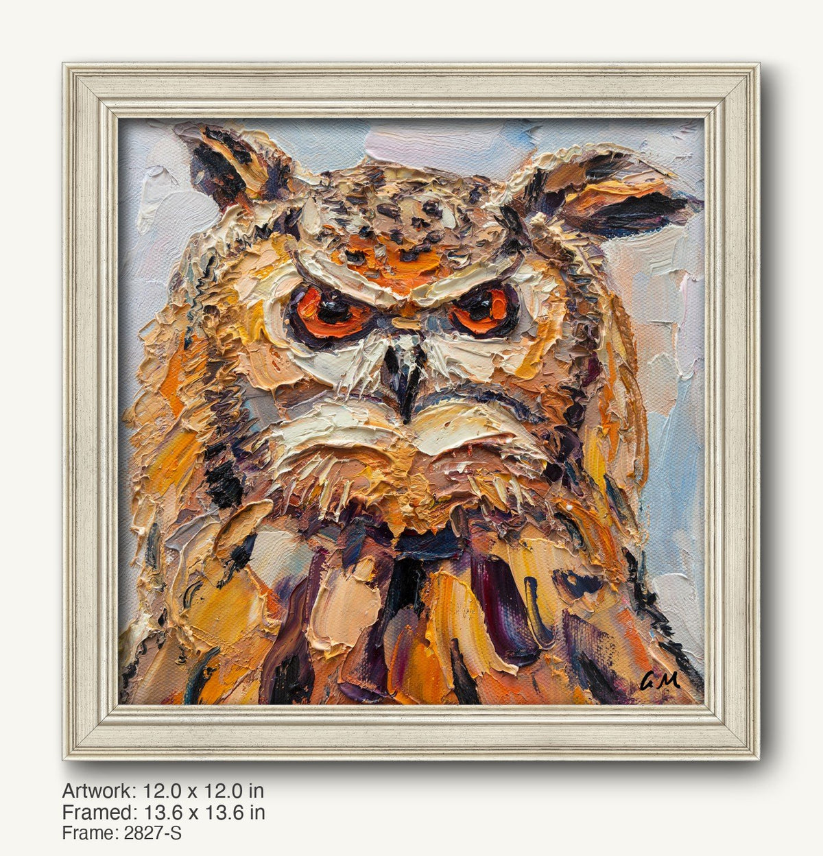Expressive oil painting of an owl with thick impasto texture, framed in a light gray classic frame with subtle beveling, set against a neutral background