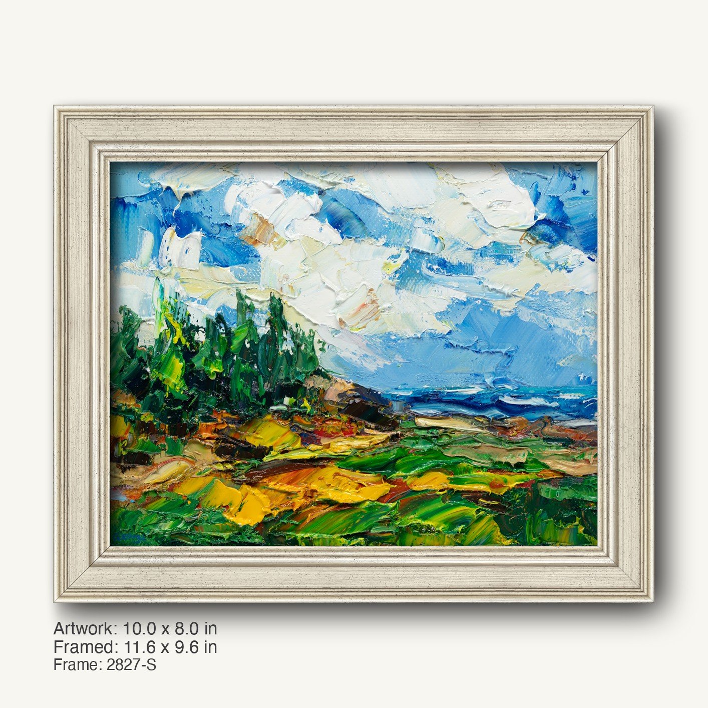 Coastal landscape oil painting with thick impasto texture in a light gray modern slim frame, featuring blue sky, green trees, and yellow fields