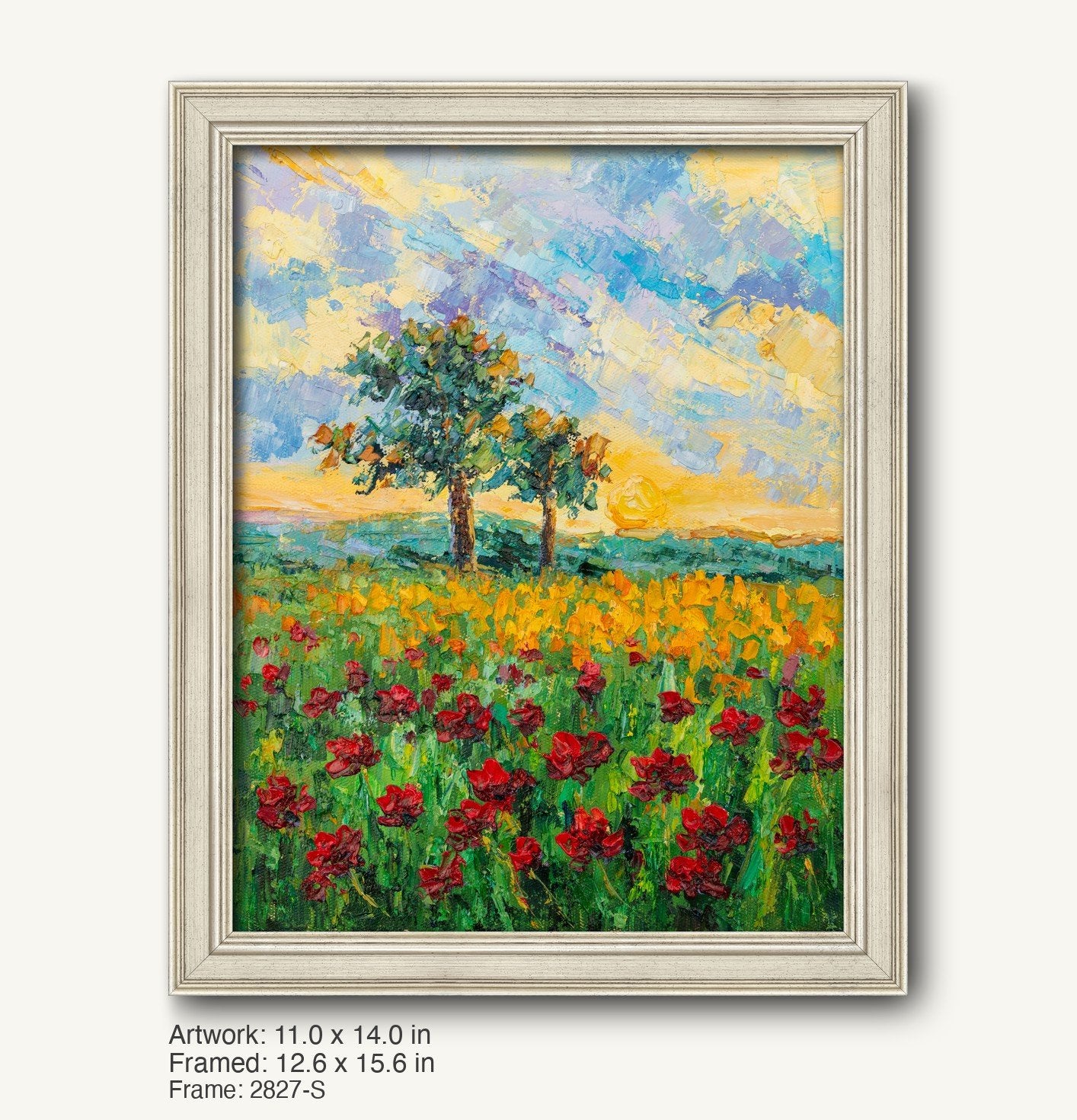 Vertical oil painting of a poppy field at sunset with two trees under a vibrant sky, displayed in a light gray classic frame with subtle texture and modern slim profile
