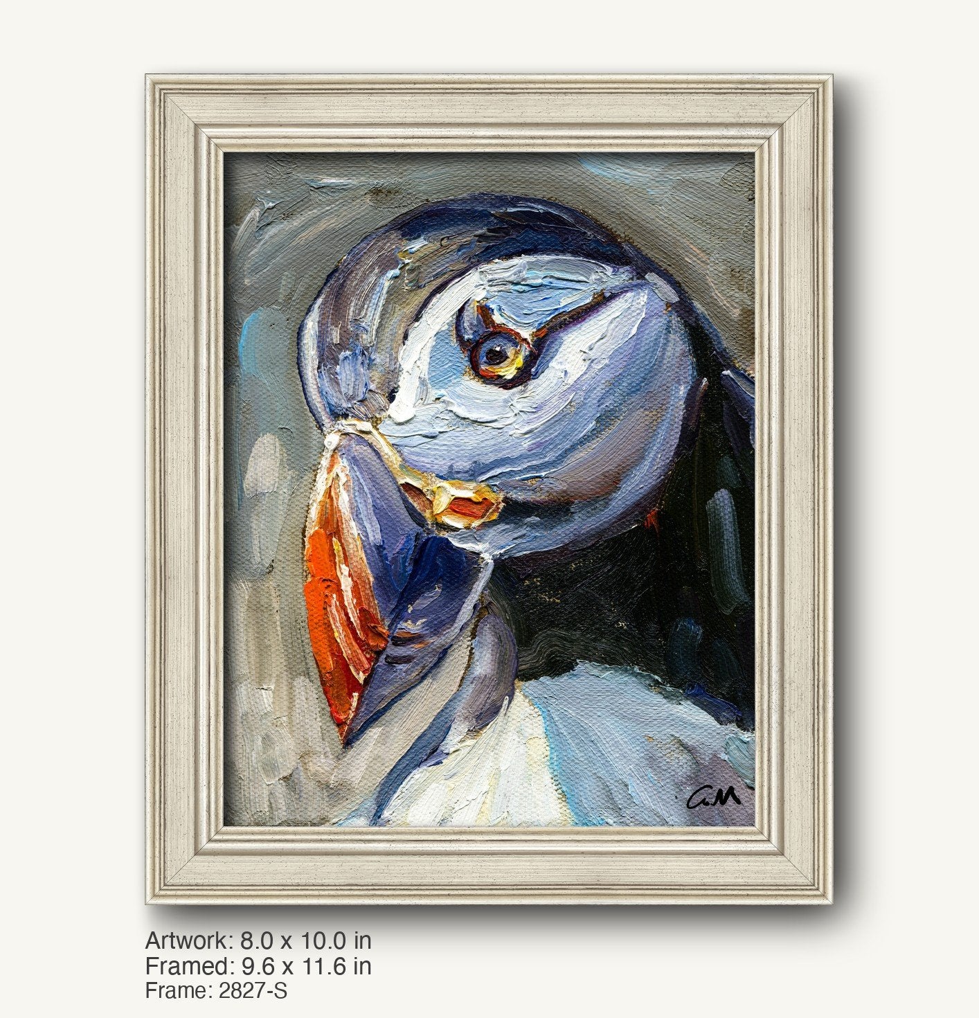 Expressive oil painting of a puffin with vibrant orange beak and blue-white plumage, set in a light gray classic frame with subtle texture and modern slim profile