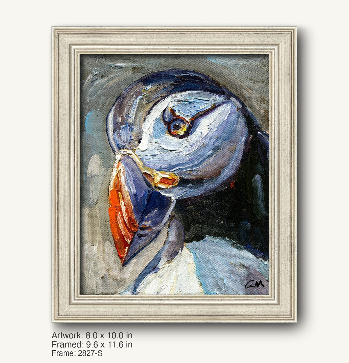 Expressive oil painting of a puffin with vibrant orange beak and blue-white plumage, set in a light gray classic frame with subtle texture and modern slim profile