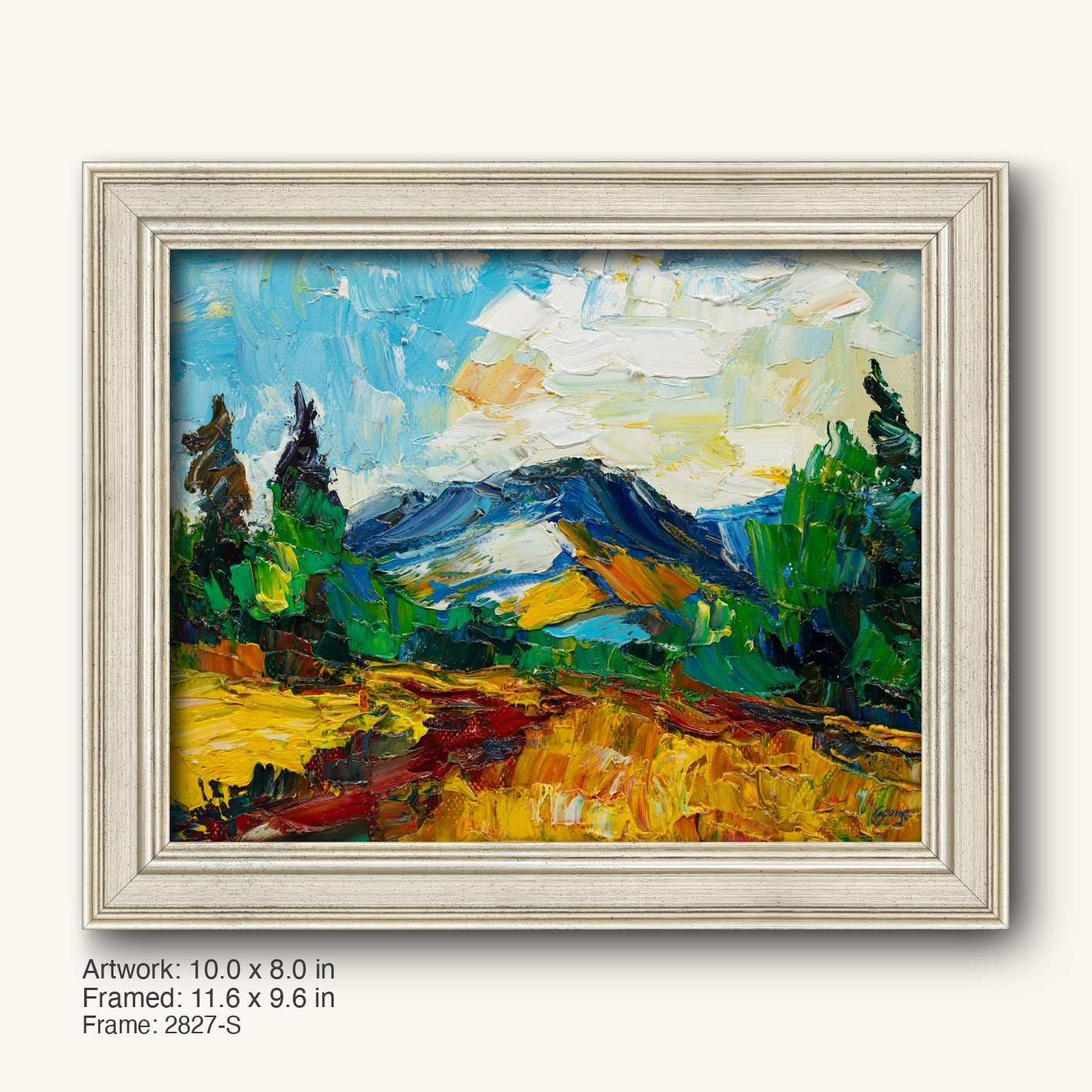 Vibrant oil painting of a mountain landscape with bold impasto texture, framed in a light gray classic profile frame, showcasing blue mountains, green trees, and golden fields under a dynamic sky.