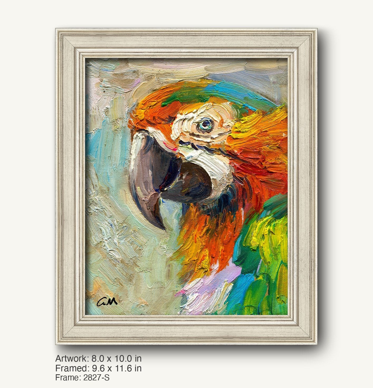 Vibrant oil painting of a macaw in a light gray modern slim frame, showcasing bold orange, green, and blue hues with textured brushwork on canvas