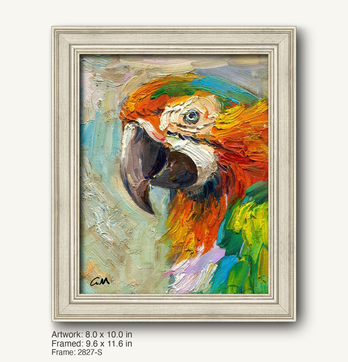 Vibrant oil painting of a macaw in a light gray modern slim frame, showcasing bold orange, green, and blue hues with textured brushwork on canvas