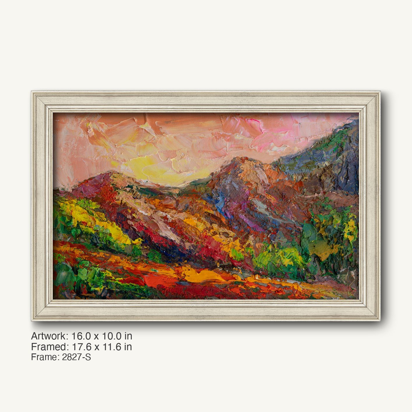 Vibrant impasto mountain landscape in oil on canvas, framed in a modern slim silver frame with subtle texture, showcasing bold reds, greens, and yellows under a warm sky.