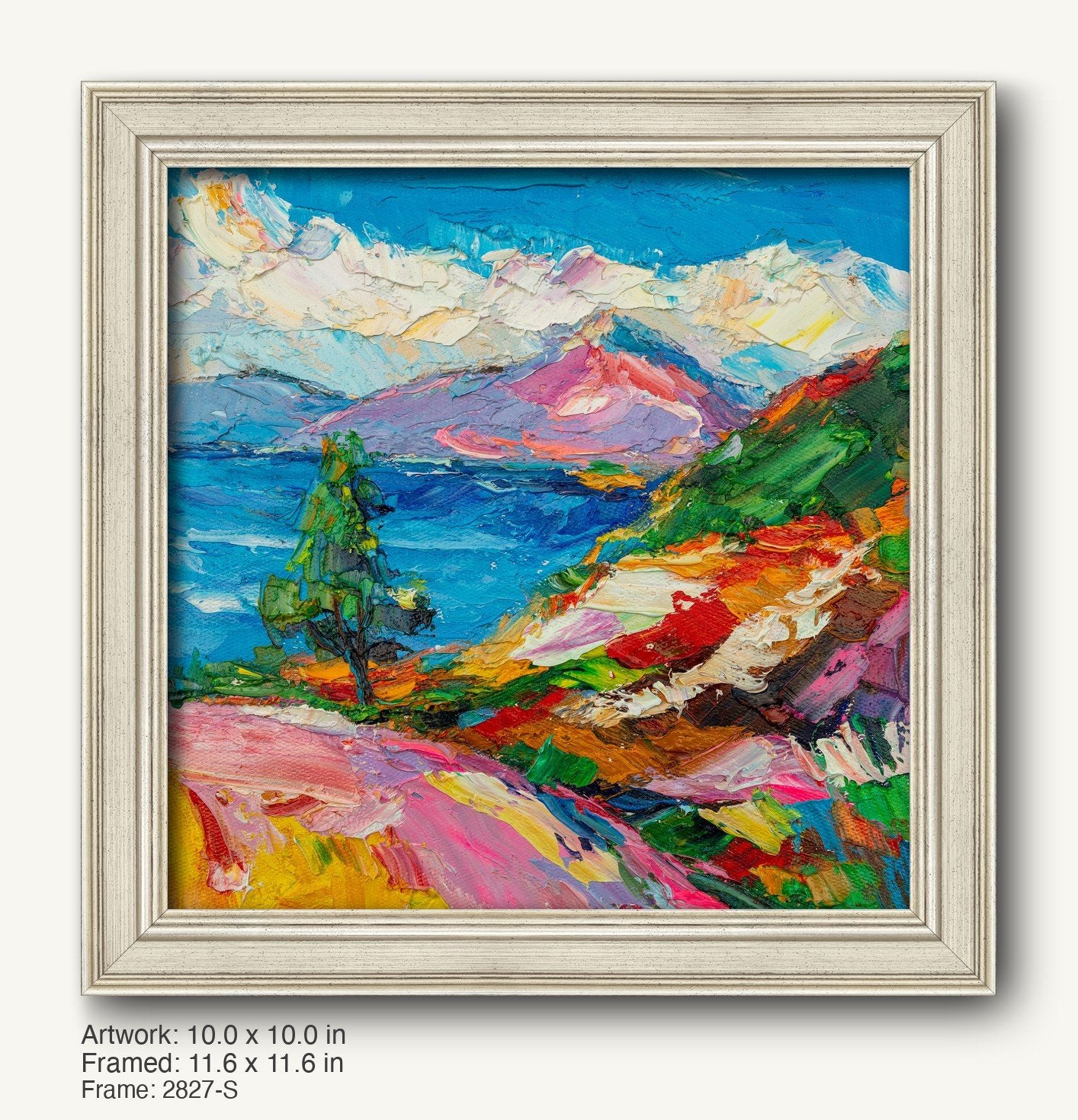 Vibrant oil painting of a mountain lake landscape in a white textured frame, featuring bold colors and expressive brushwork