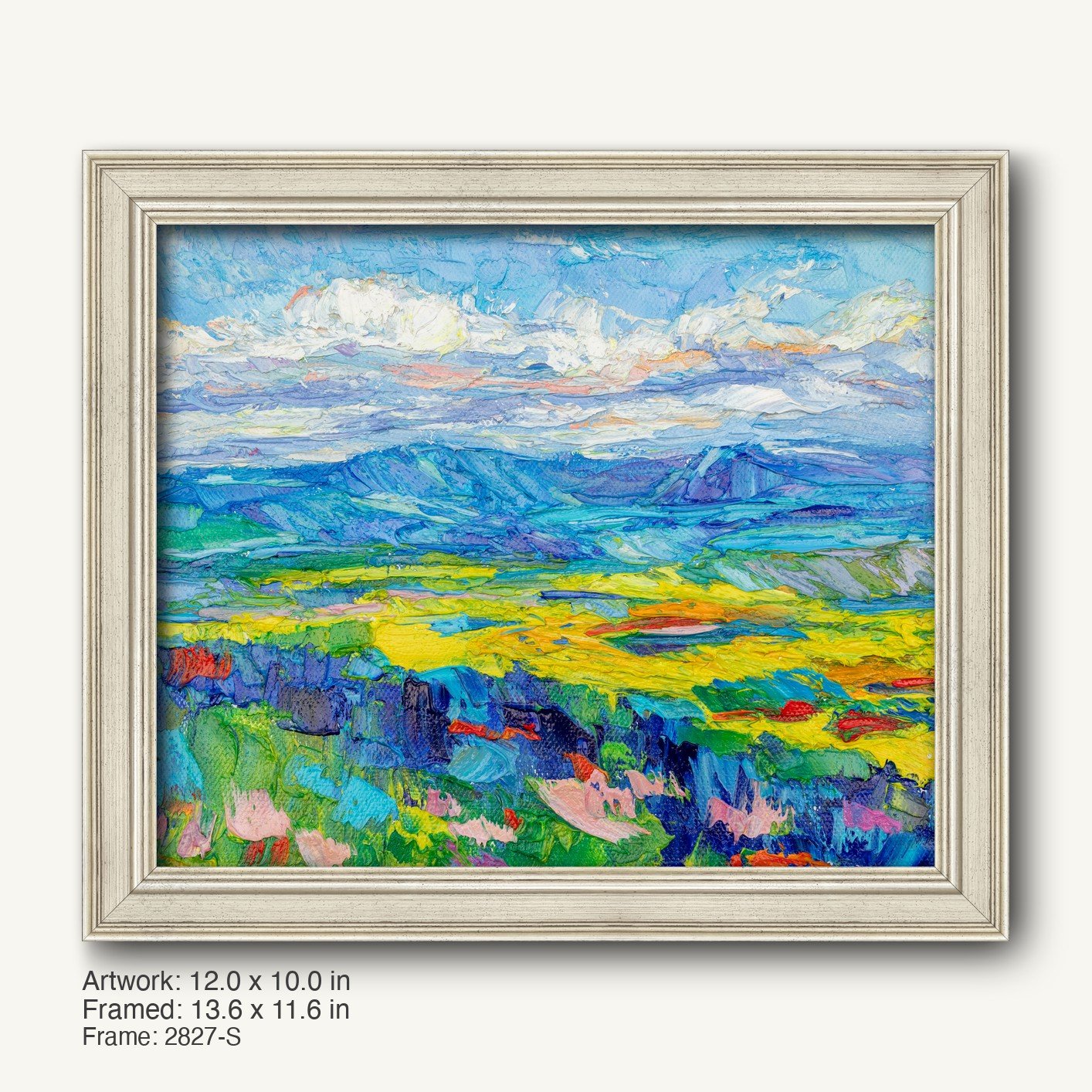 Vibrant oil painting of a mountain meadow in spring, framed in a light gray classic frame with subtle texture and modern slim profile, showcasing bold impasto brushwork and vivid blues, greens, and yellows.