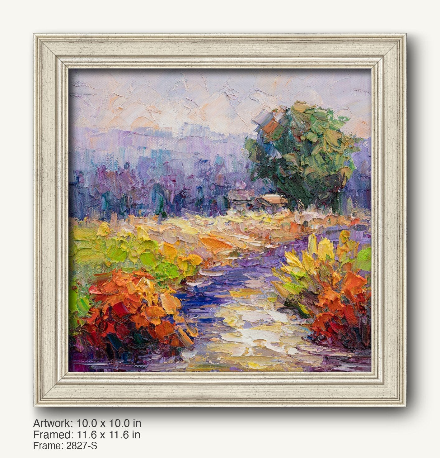 Serene garden path oil painting in a light gray, classic-profile frame with subtle texture, showcasing vibrant greens, oranges, and purples in an impressionistic landscape