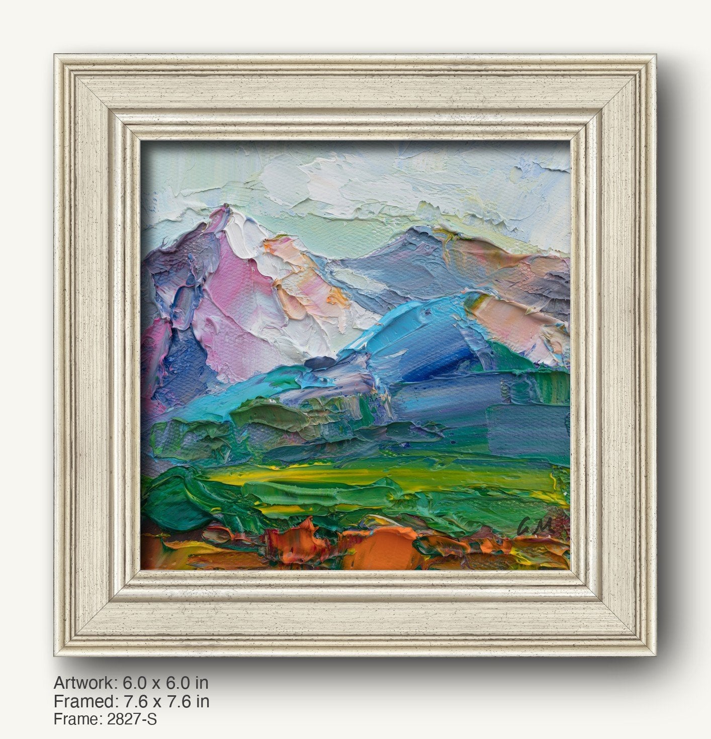 Palette knife oil painting of a vibrant mountain landscape in a white textured frame, featuring bold blues, greens, and pinks with thick impasto texture
