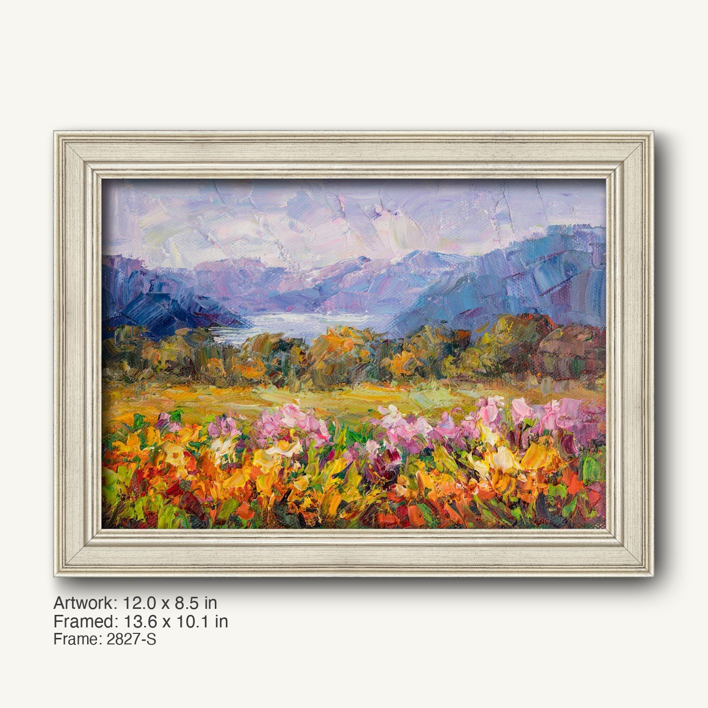 Hand-painted mountain meadow landscape in a white-washed wooden frame, featuring vibrant floral foreground and distant purple mountains under soft sky