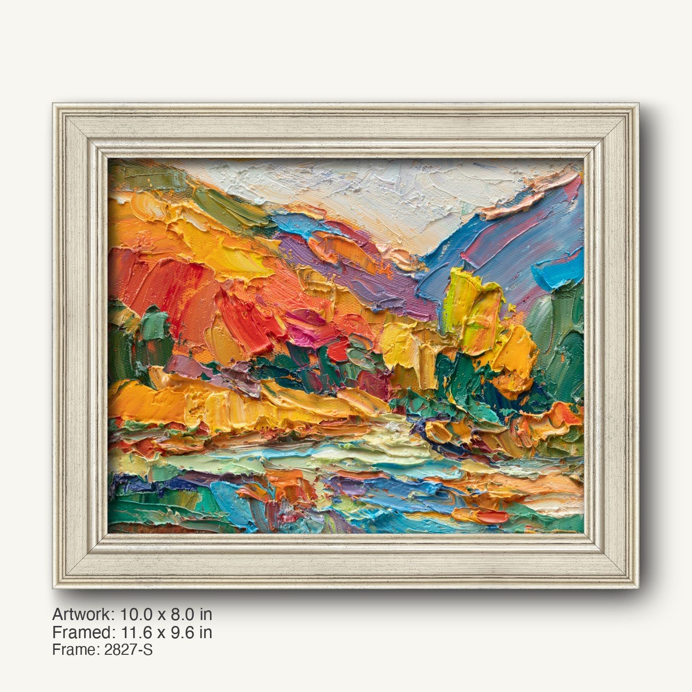 Vibrant abstract landscape oil painting in a modern slim silver frame, featuring bold red, yellow, blue, and green textures on canvas