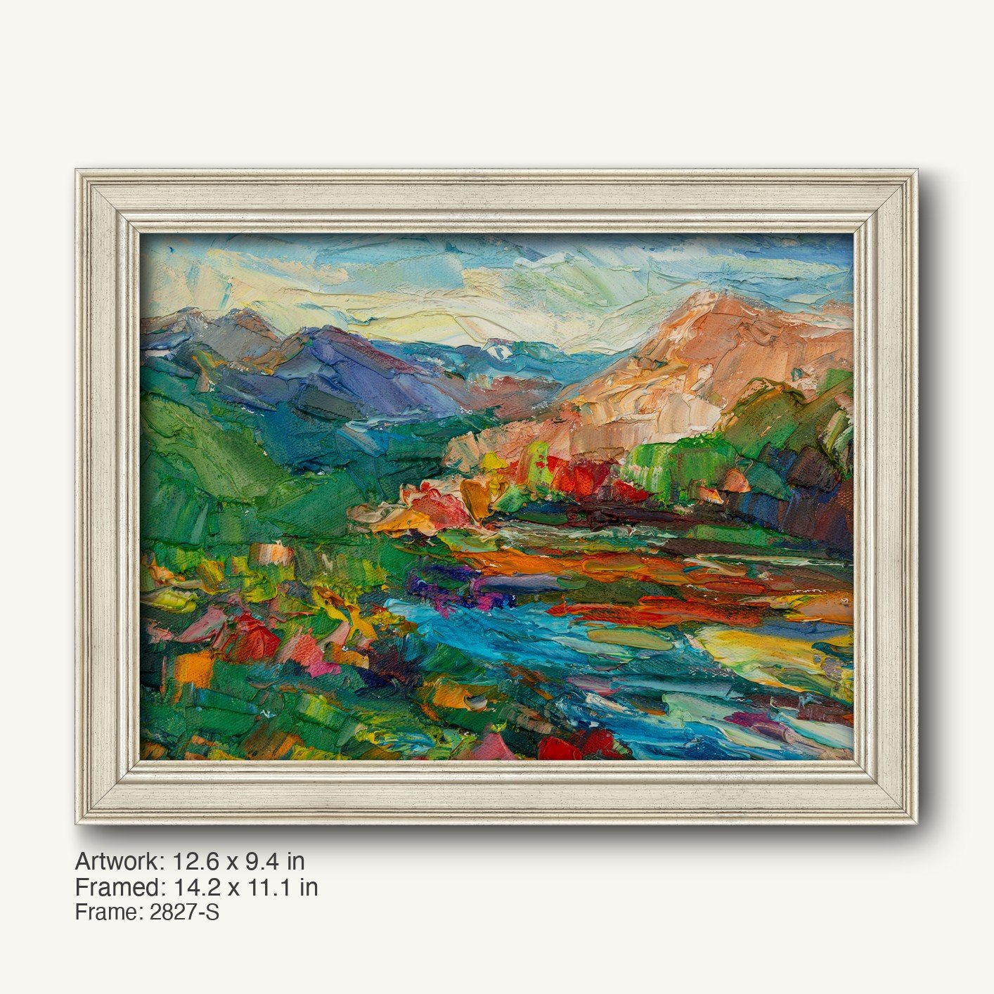 Abstract mountain river scene oil painting in a modern slim silver frame, showcasing vibrant greens, blues, and earth tones with textured brushwork