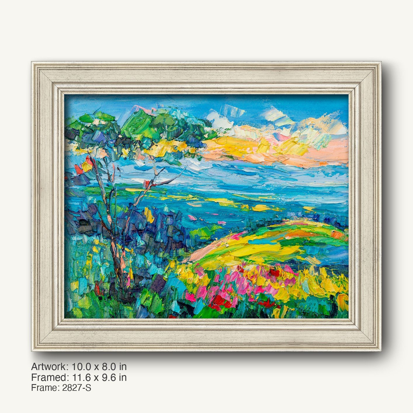 Vibrant landscape oil painting in a light gray classic frame, featuring rolling hills, colorful fields, and a dynamic sky with expressive brushwork.