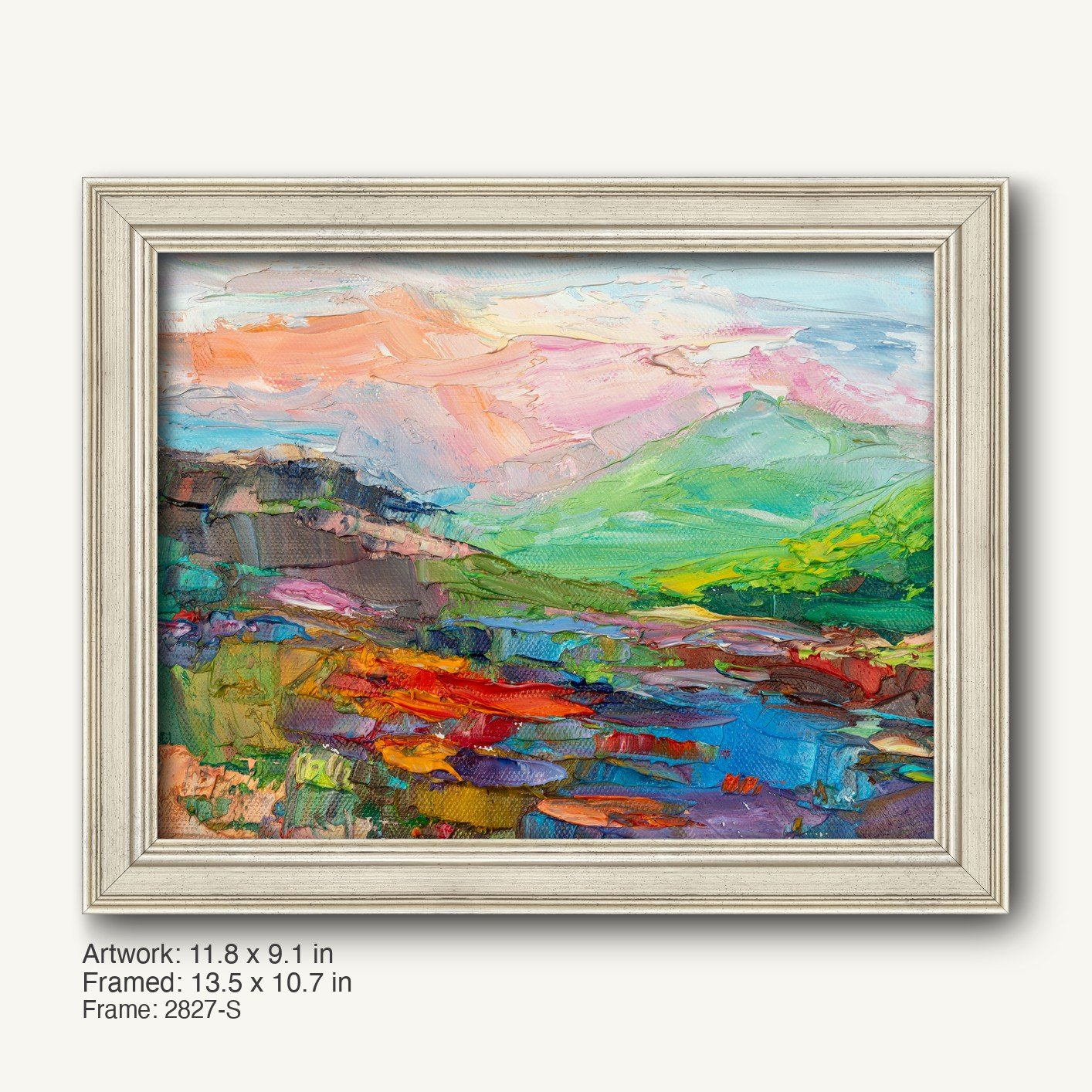 Expressive Mountain Vista by George Miller in a light gray, modern slim frame with subtle texture, showcasing vibrant abstract landscape in oil on canvas