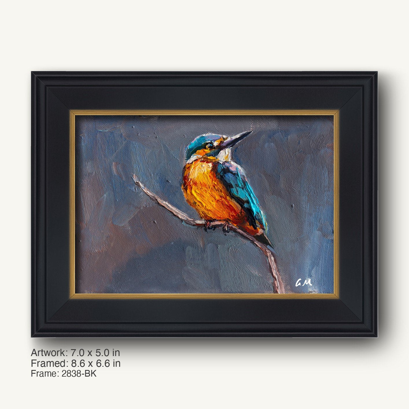 Hand-painted kingfisher bird in vibrant blue and orange perched on a branch, set in a black ornate frame with gold inner liner, vertical composition