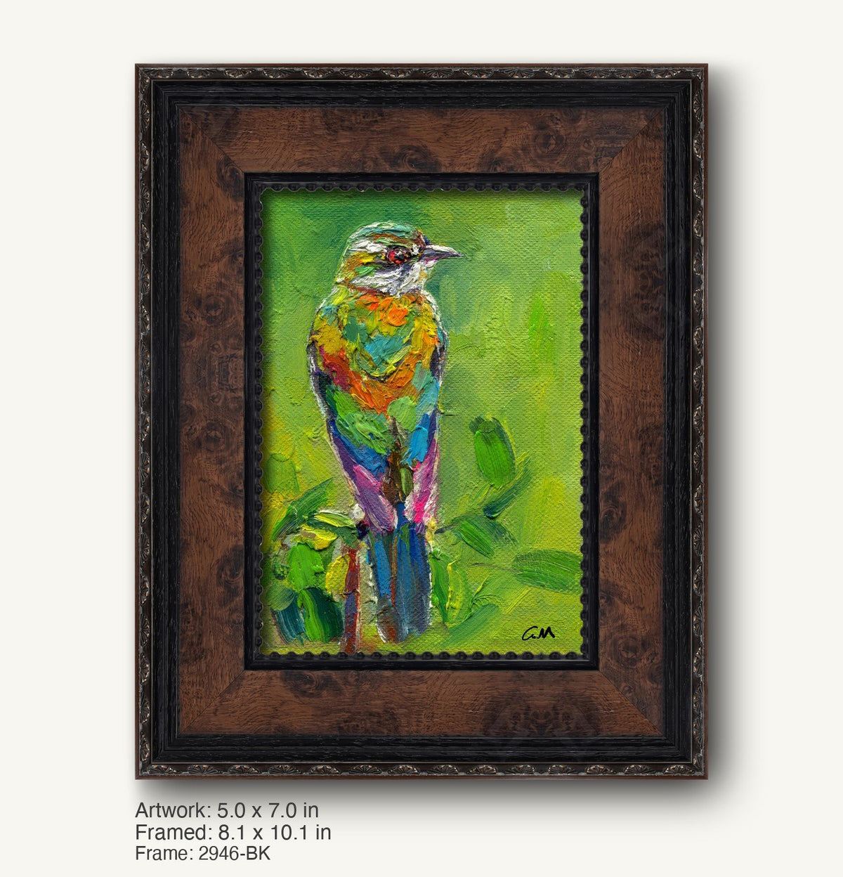 Vibrant oil painting of a colorful bird on canvas, framed in dark wood with ornate detailing, set against a green background