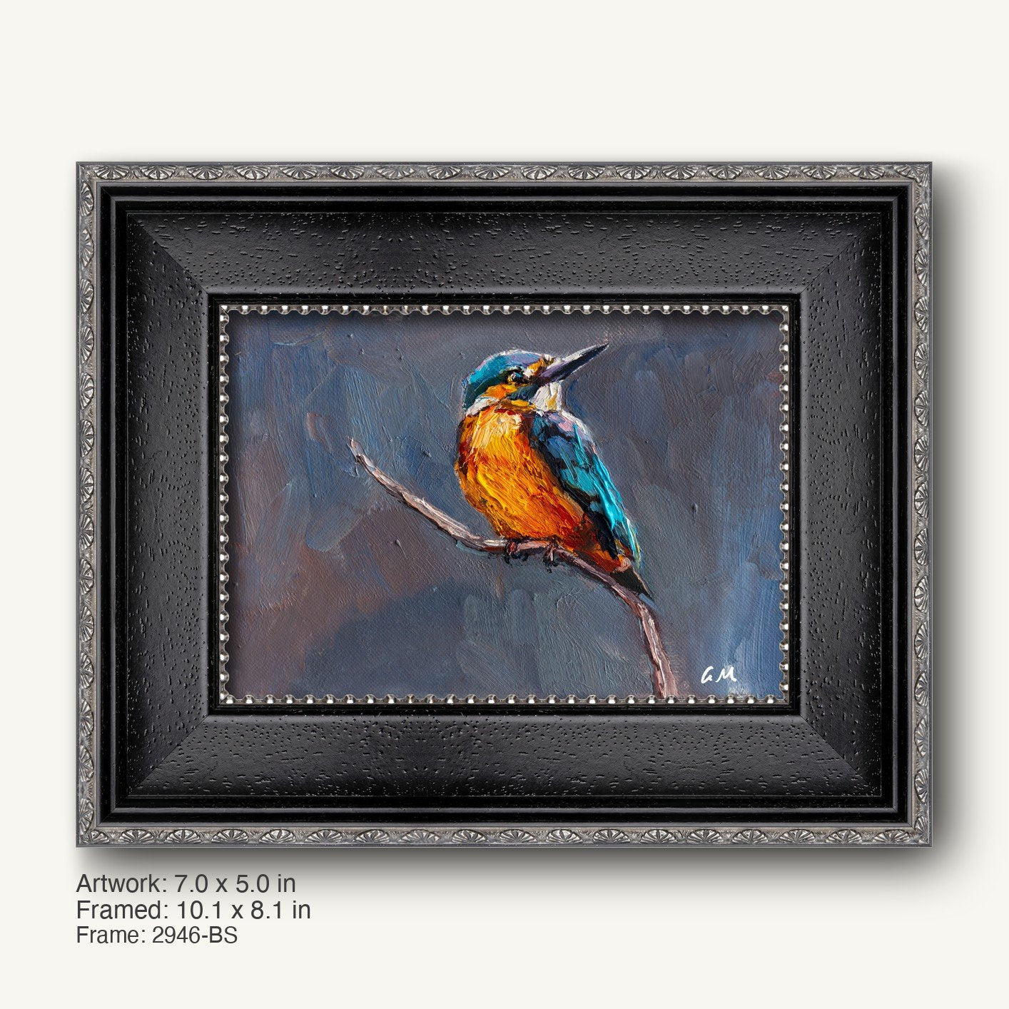 Hand-painted kingfisher bird in vibrant blue and orange perched on a branch, set in a dark textured frame with silver ornate detailing, vertical composition