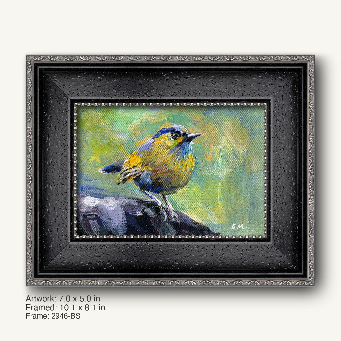 Hand-painted bird portrait in ornate black frame with silver detailing, featuring a vibrant yellow and blue bird on canvas, set against a soft green background