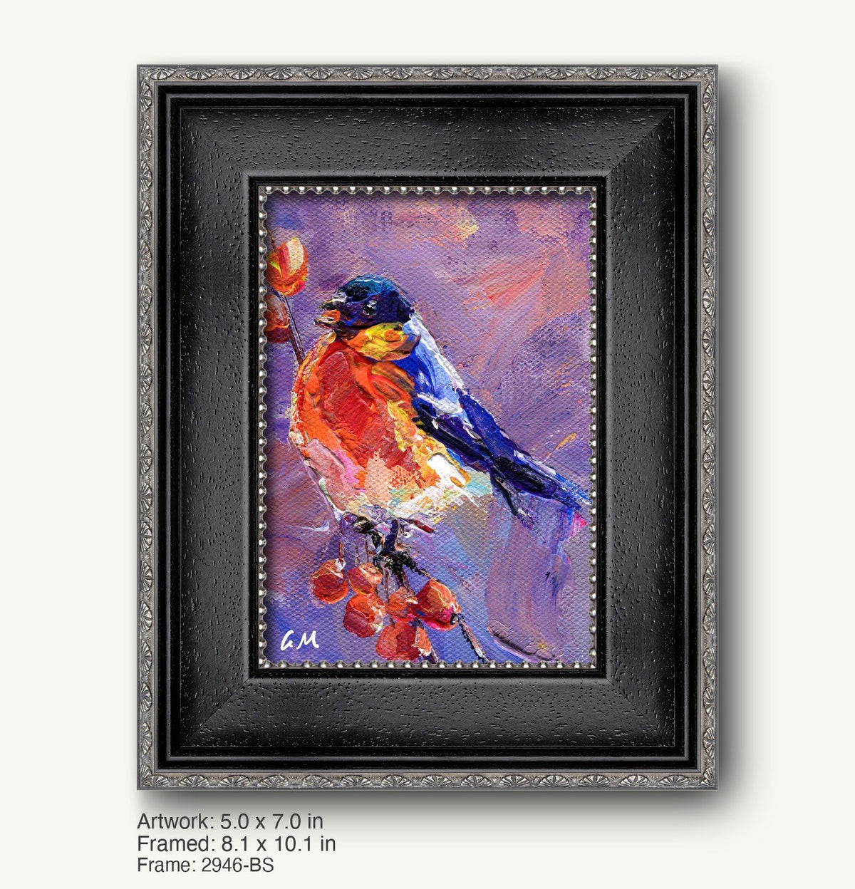 Expressive oil painting of a colorful bird perched on a berry branch, framed in a dark textured black frame with ornate silver detailing and beaded inner edge
