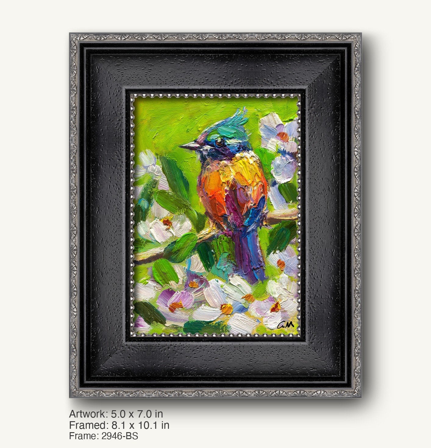 Colorful bird perched on branch amidst white flowers in vibrant oil painting, framed in black ornate frame with silver detailing