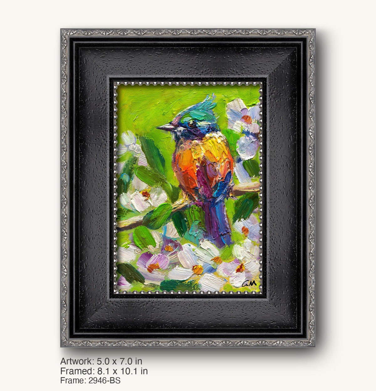 Colorful bird perched on branch amidst white flowers in vibrant oil painting, framed in black ornate frame with silver detailing