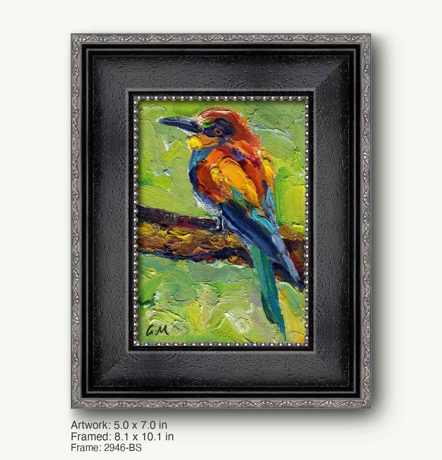 Vibrant oil painting of a colorful bird perched on a branch, framed in a dark textured black frame with ornate silver detailing and beaded inner edge