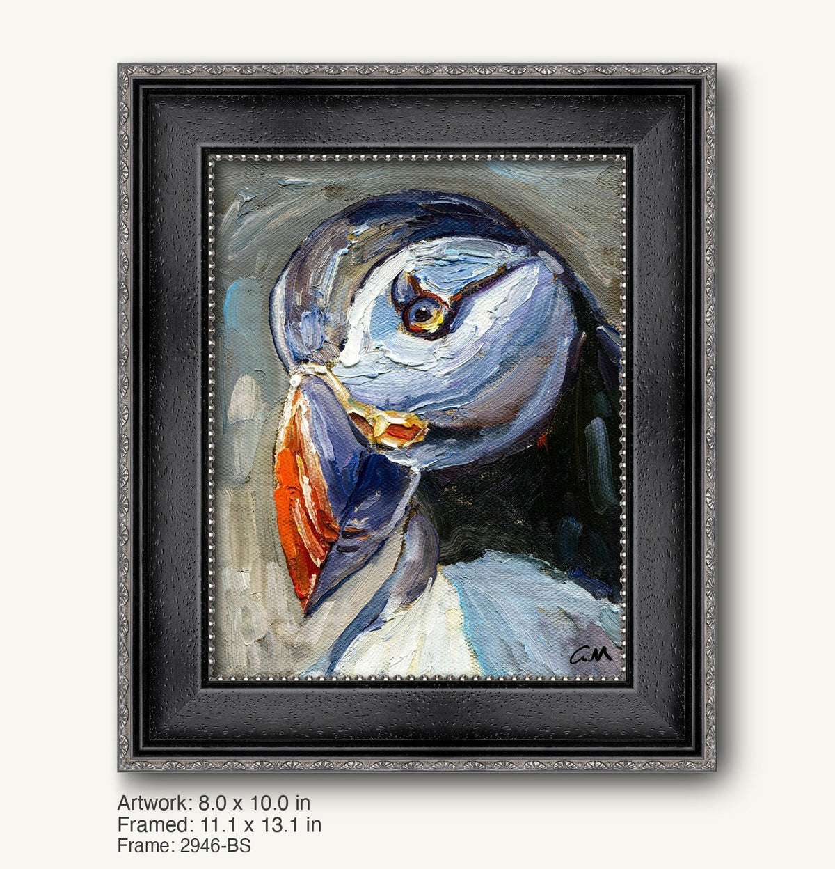 Expressive oil painting of a puffin in a dark wood frame with silver detailing, showcasing bold blue, white, and orange colors in a vertical composition.