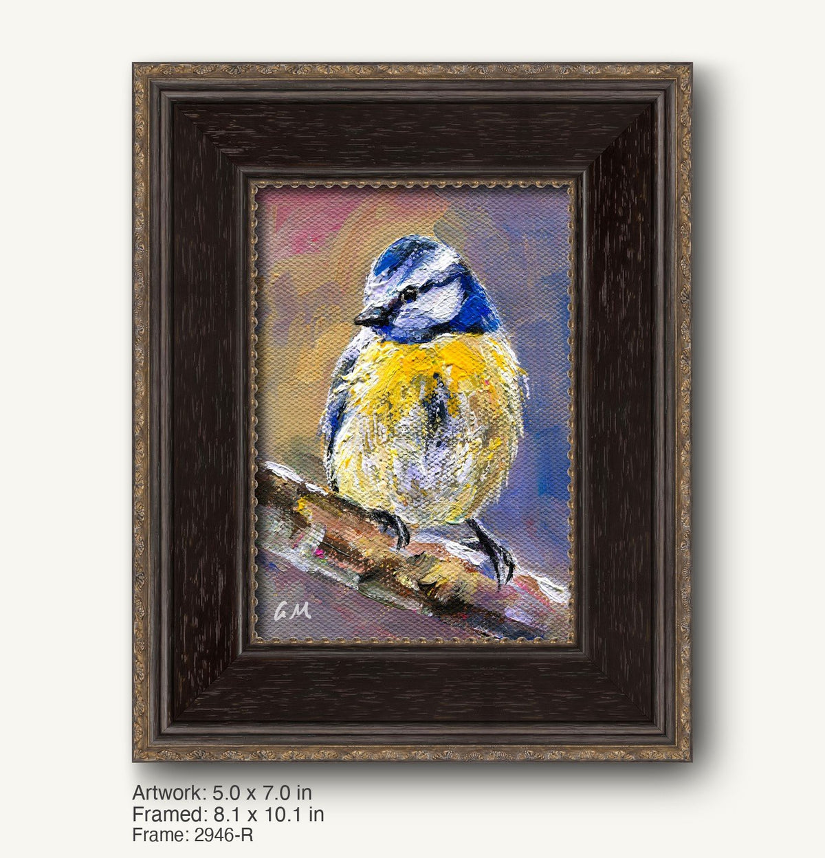 Palette knife oil painting of a blue tit perched on a branch, framed in a dark wood frame with gold inner detailing, vertical composition