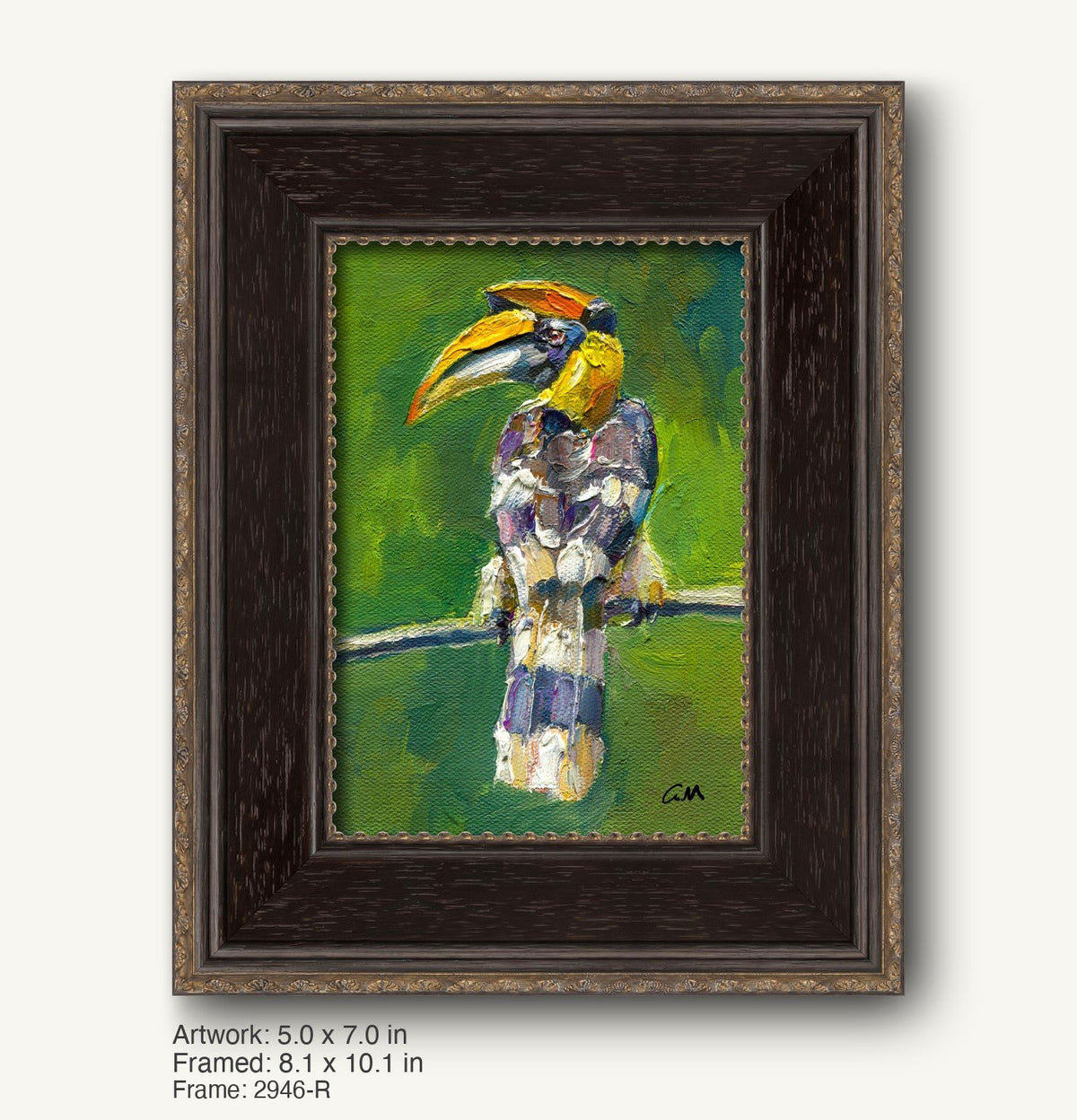 Vibrant oil painting of a toucan perched on a branch, framed in a dark wood frame with ornate gold detailing, set against a lush green background.