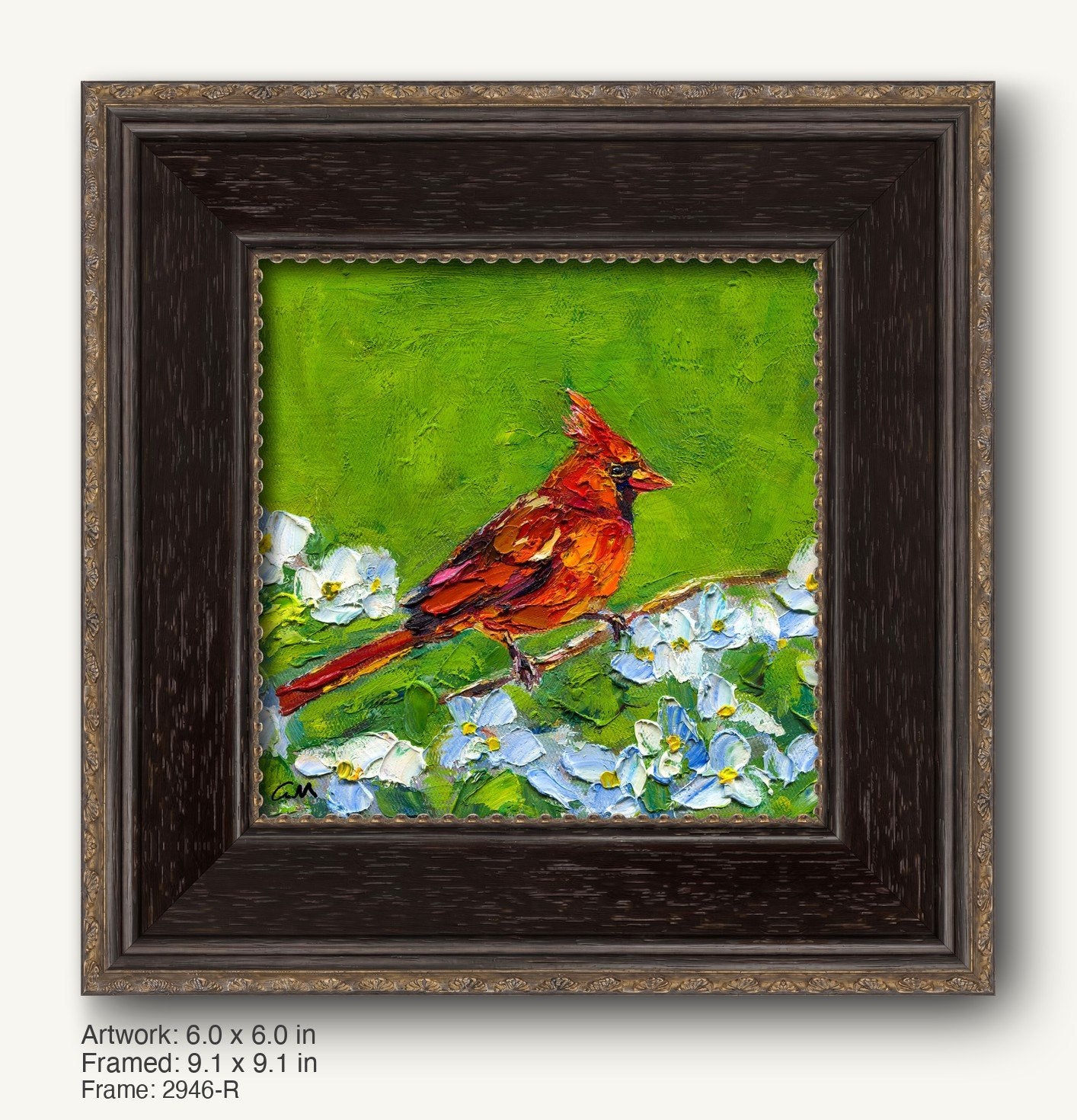 Vibrant oil painting of a red cardinal perched on blossoming branch, framed in dark wood with ornate gold trim, set against green background