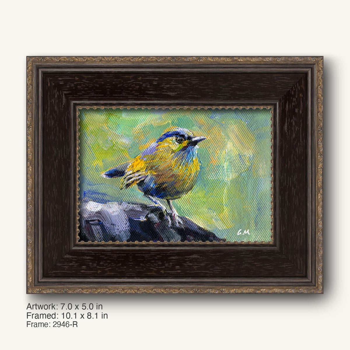 Hand-painted bird portrait in dark wood frame with gold detailing, featuring a vibrant yellow and blue bird perched on rock against a soft green background