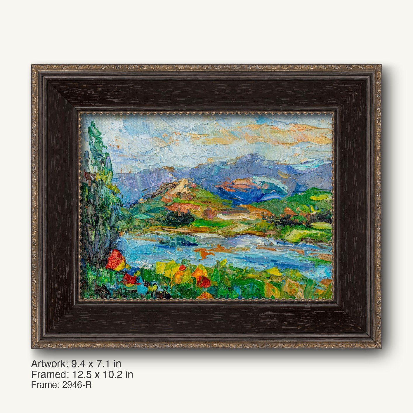 Impasto oil painting of a mountain river landscape in a dark wood frame with gold accents, horizontal composition, vibrant blues, greens, and yellows