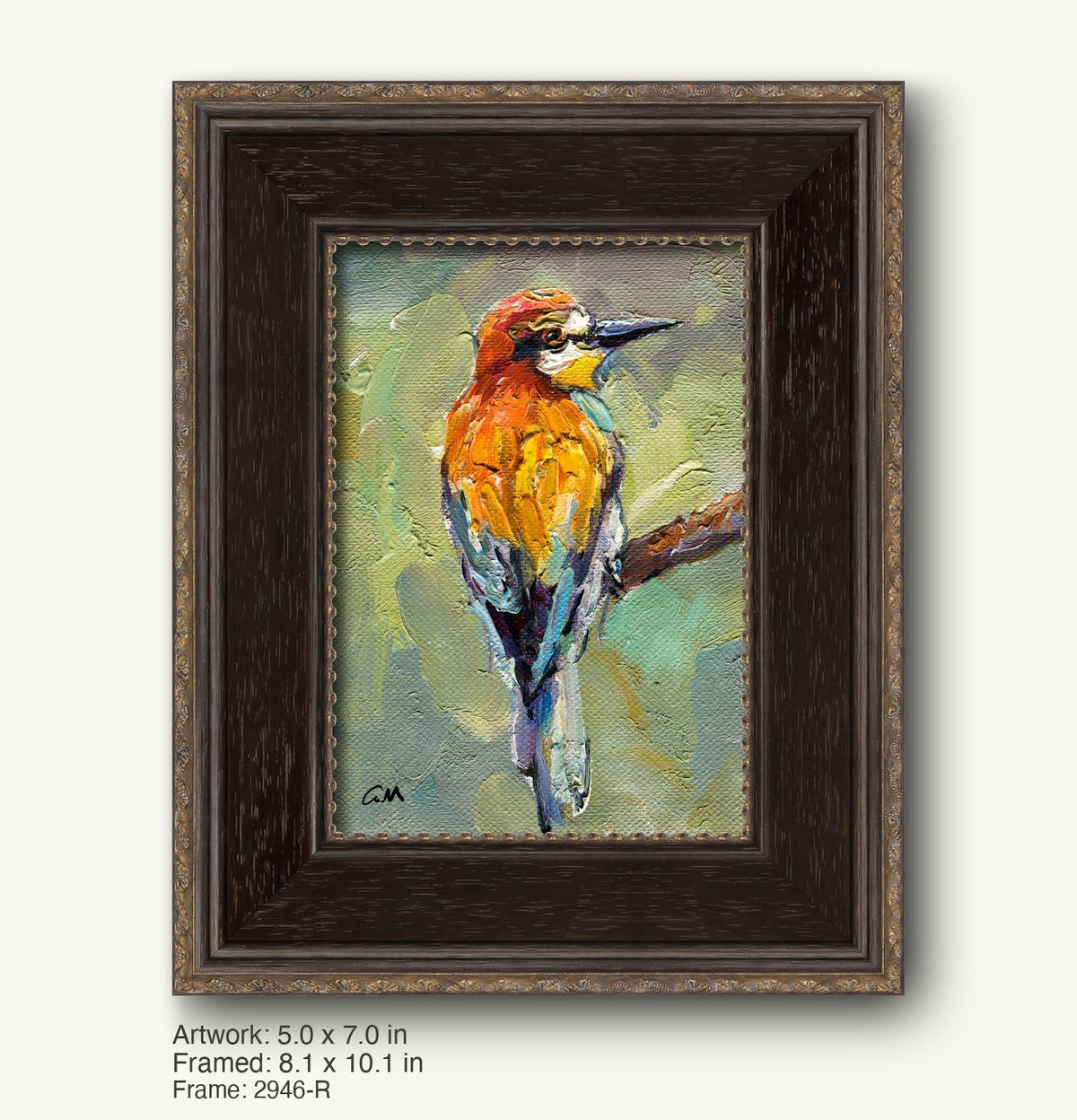 Vibrant oil painting of a woodpecker in warm orange, yellow, and green hues, framed in a dark wood frame with ornate gold detailing, vertical composition