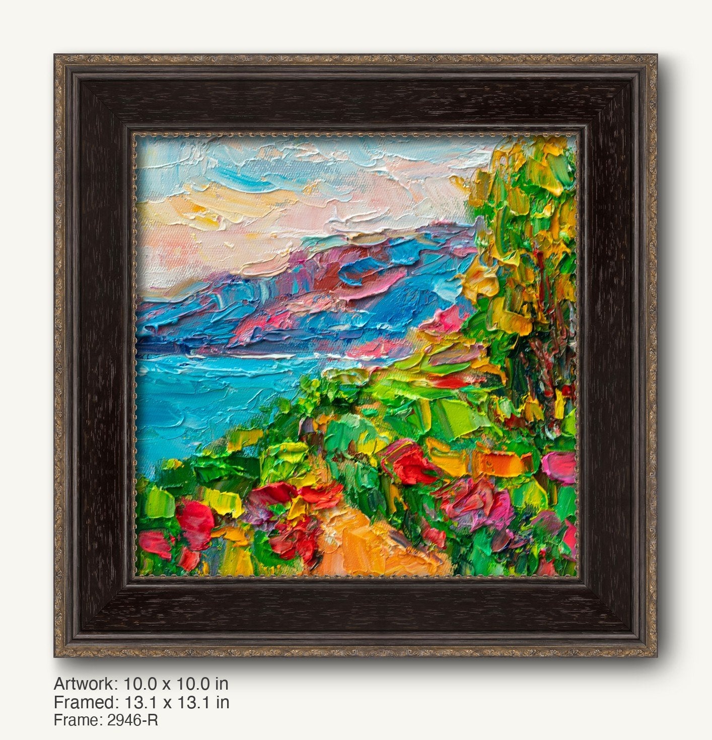 Vibrant coastal garden landscape painting in dark wood frame with gold trim, showcasing thick impasto oil texture and colorful flowers against a blue sea and sky