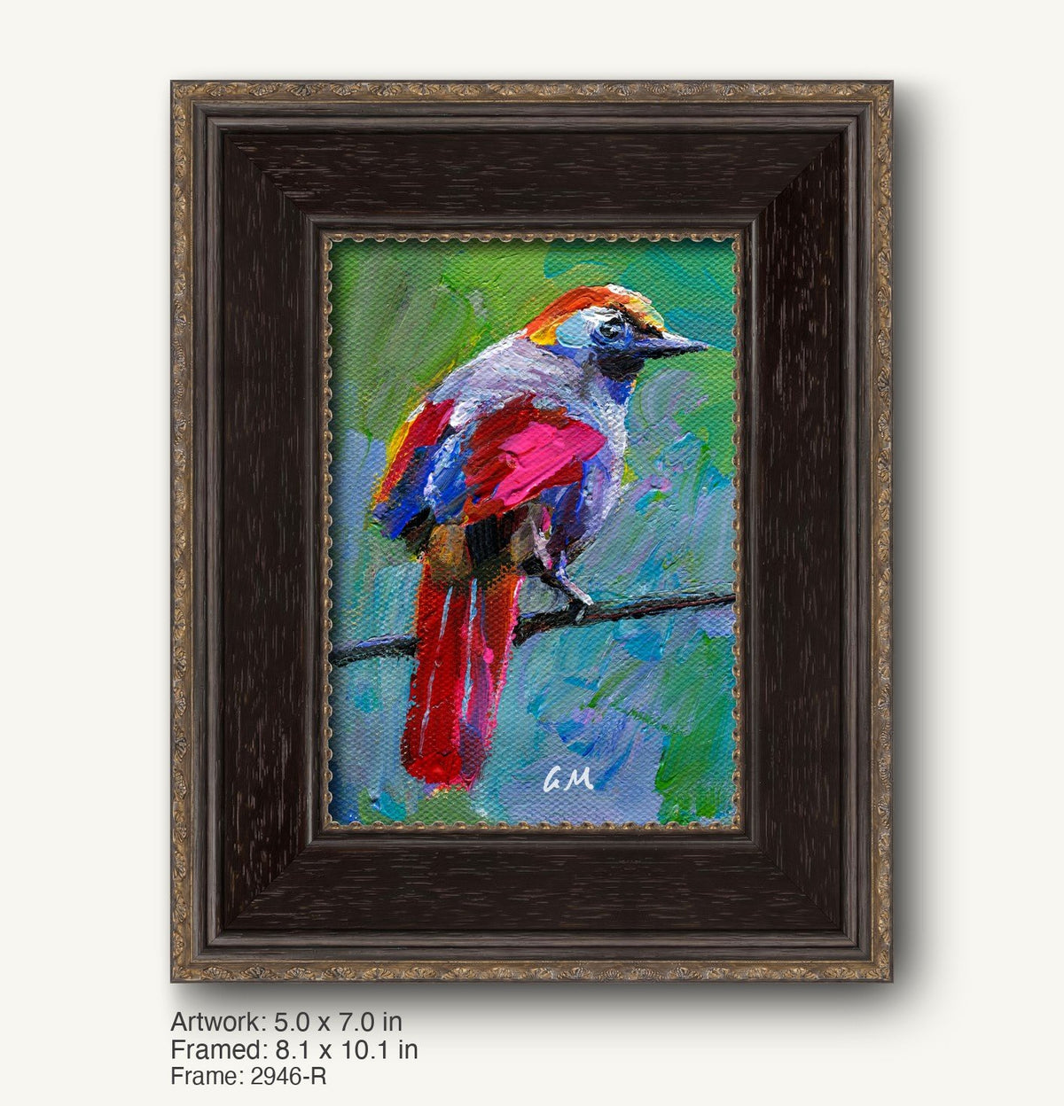 Vibrant oil painting of a colorful bird perched on a branch, framed in a dark wood frame with gold accents, vertical composition, expressive brushwork