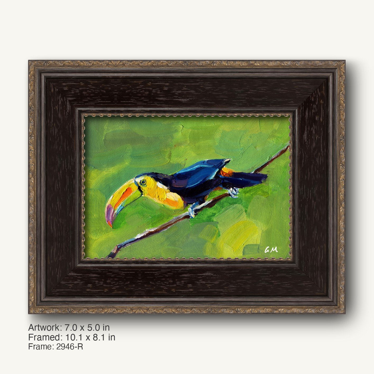 Vibrant oil painting of a toucan perched on a branch, framed in dark wood with ornate gold detailing, showcasing bold green, yellow, and blue hues against a textured background.