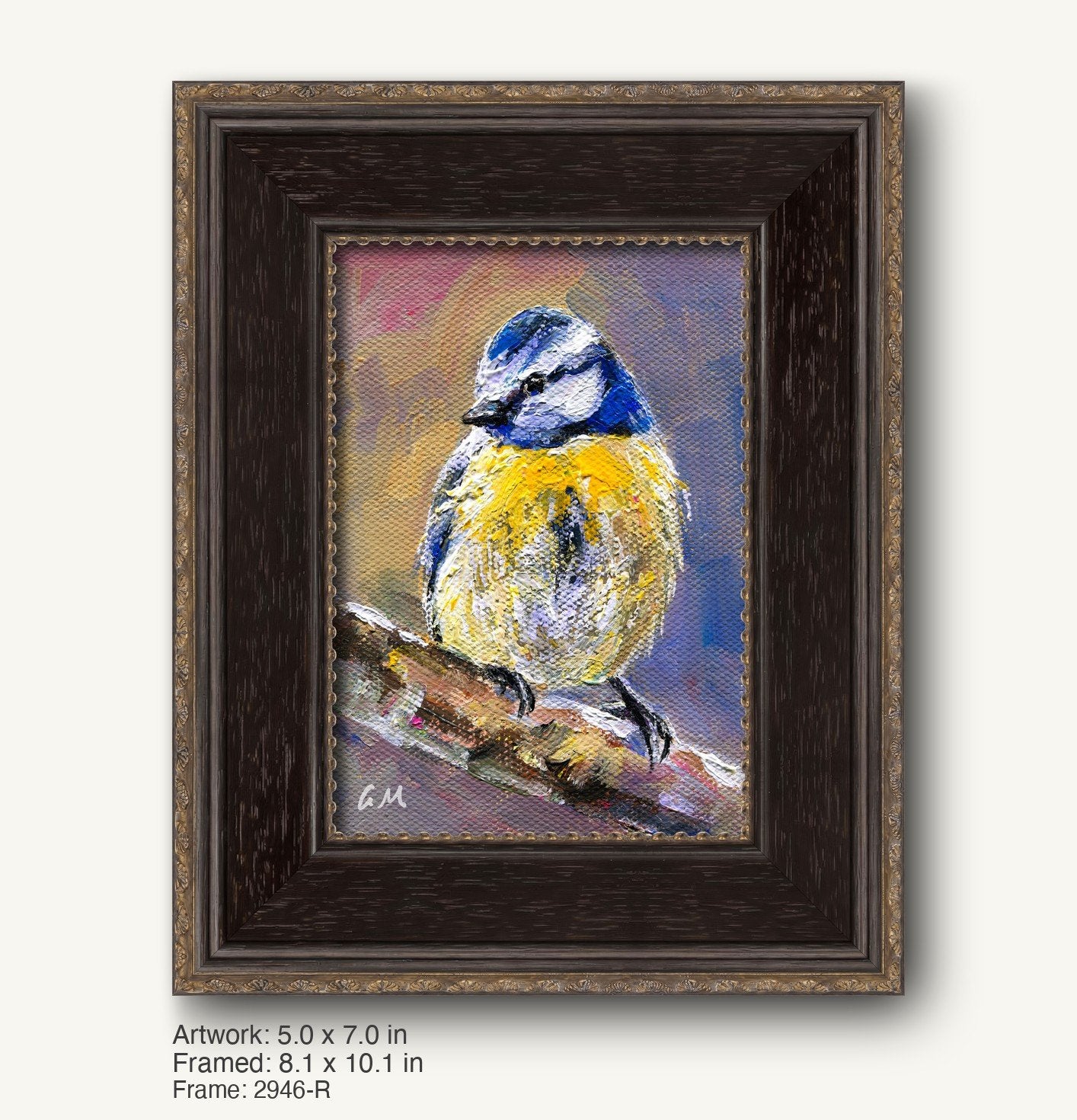 Palette knife oil painting of a blue tit perched on a branch, framed in a dark wood frame with gold inner detailing, vertical composition