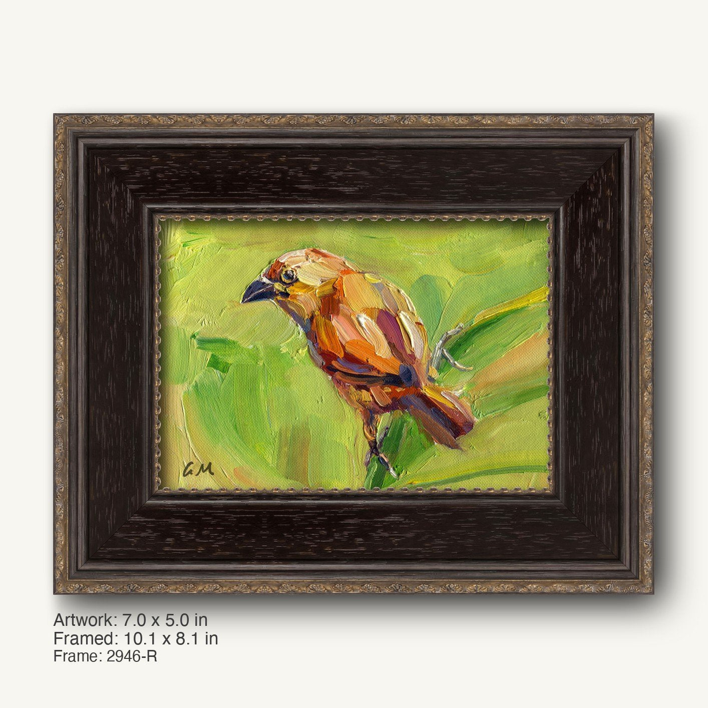 Original oil painting of a bird perched on a branch, rendered in impasto style with vibrant greens, browns, and yellows, displayed in a dark wood frame with ornate gold detailing