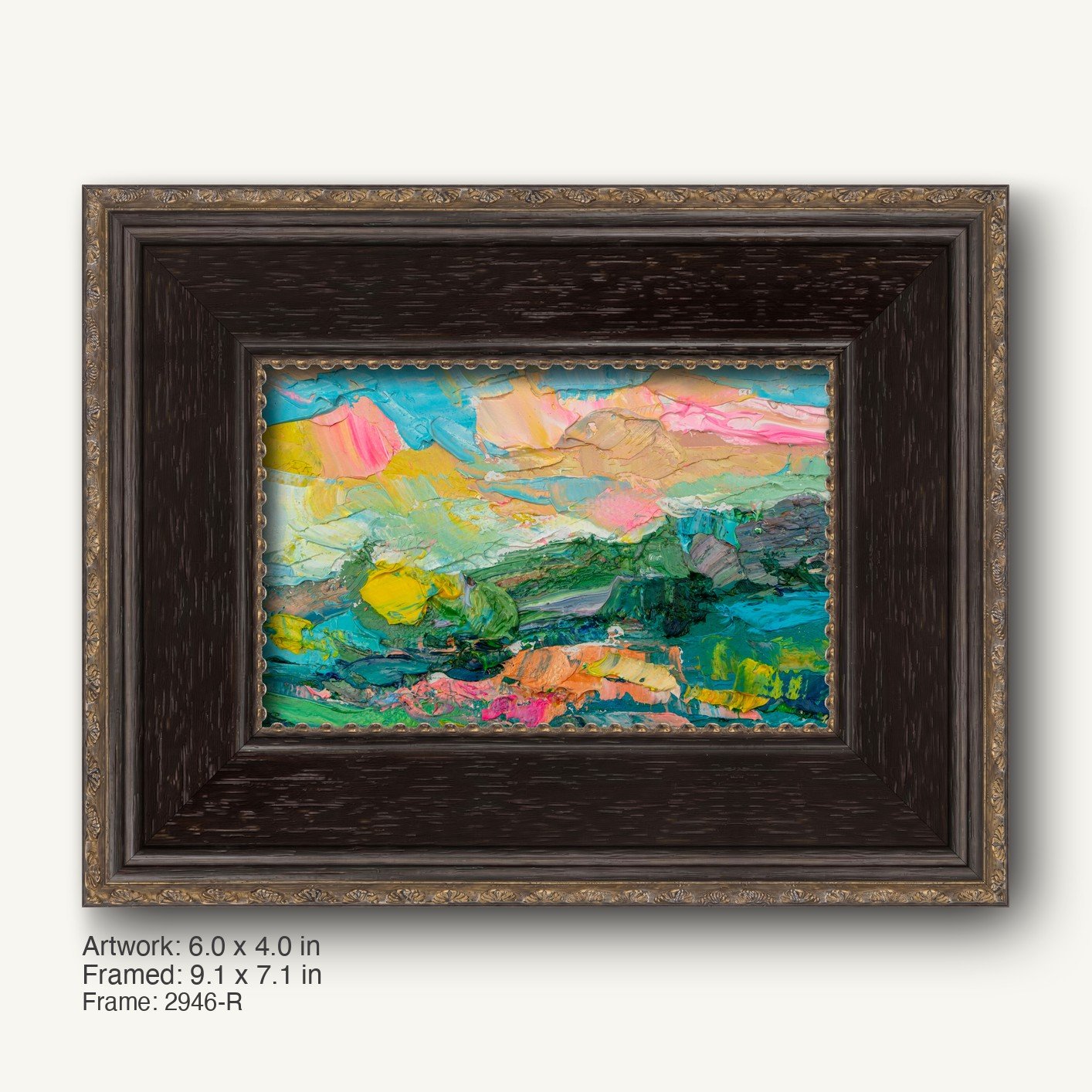 Hand-painted abstract landscape in dark wood frame with gold trim, vibrant blues, greens, and yellows on canvas, horizontal composition