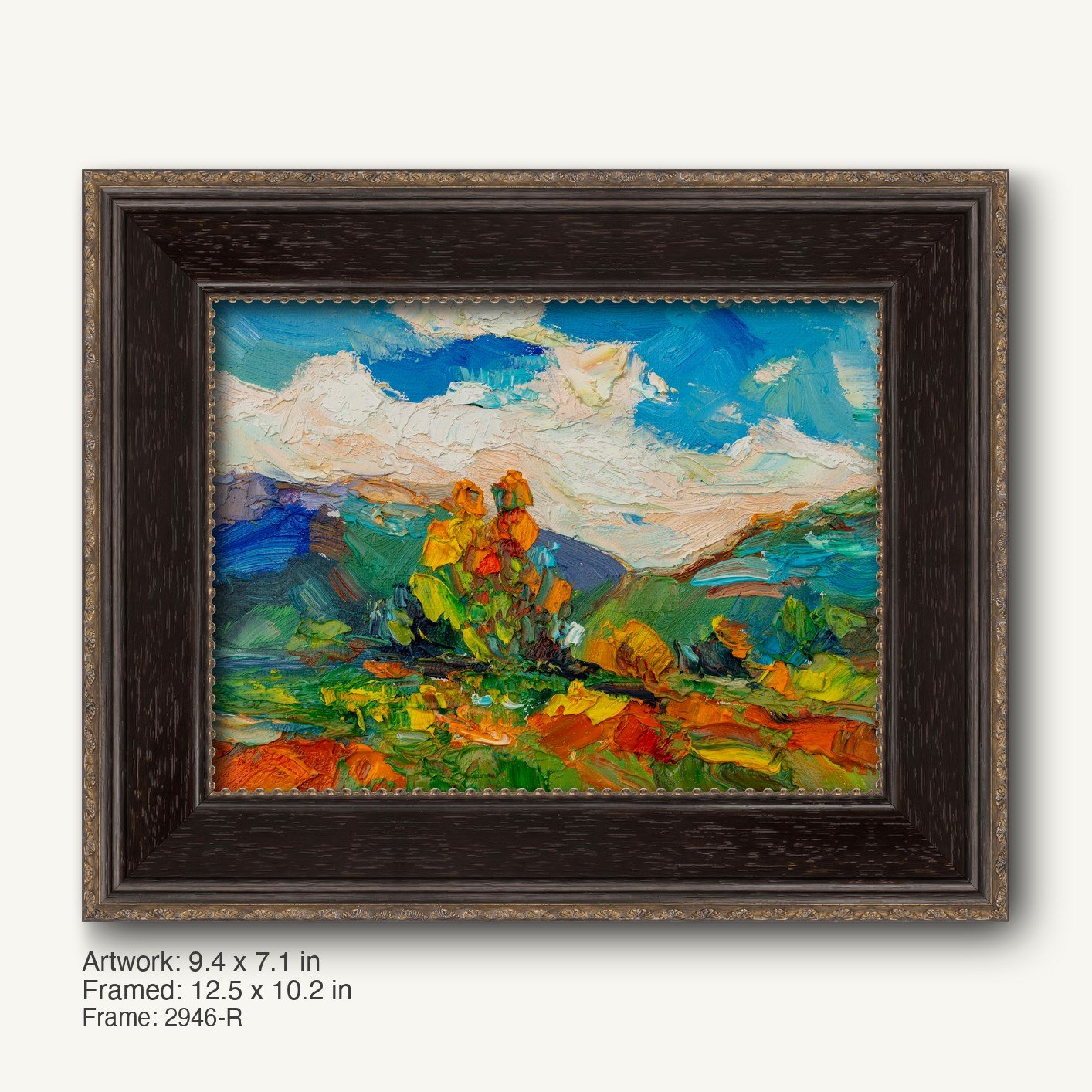 Expressive Field of Marigolds by George Miller in a dark wood frame with gold detailing, showcasing vibrant orange marigolds under a dynamic blue sky on canvas.