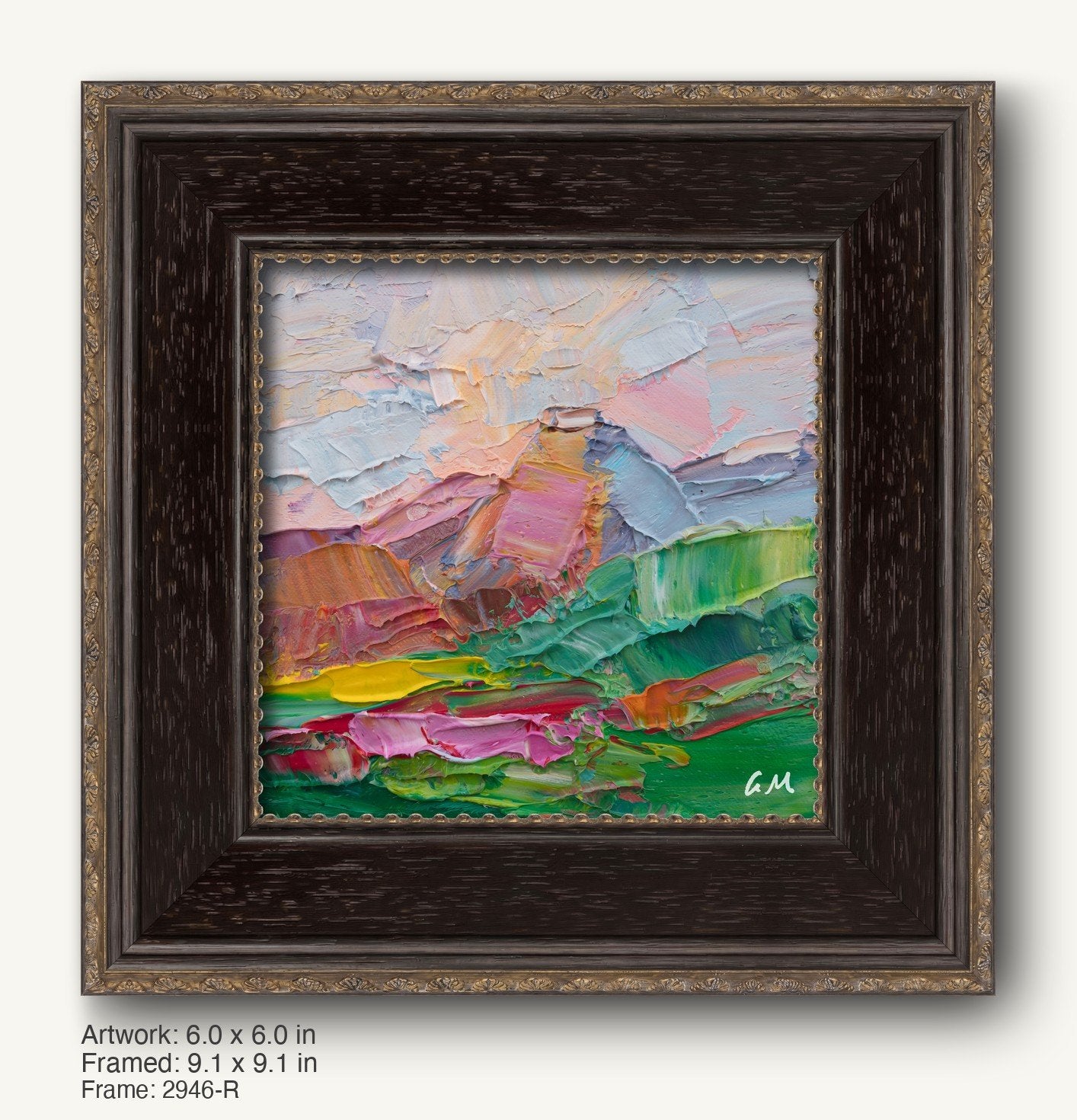 Abstract landscape oil painting in dark wood frame with gold accents, featuring vibrant green, pink, and white textures on canvas