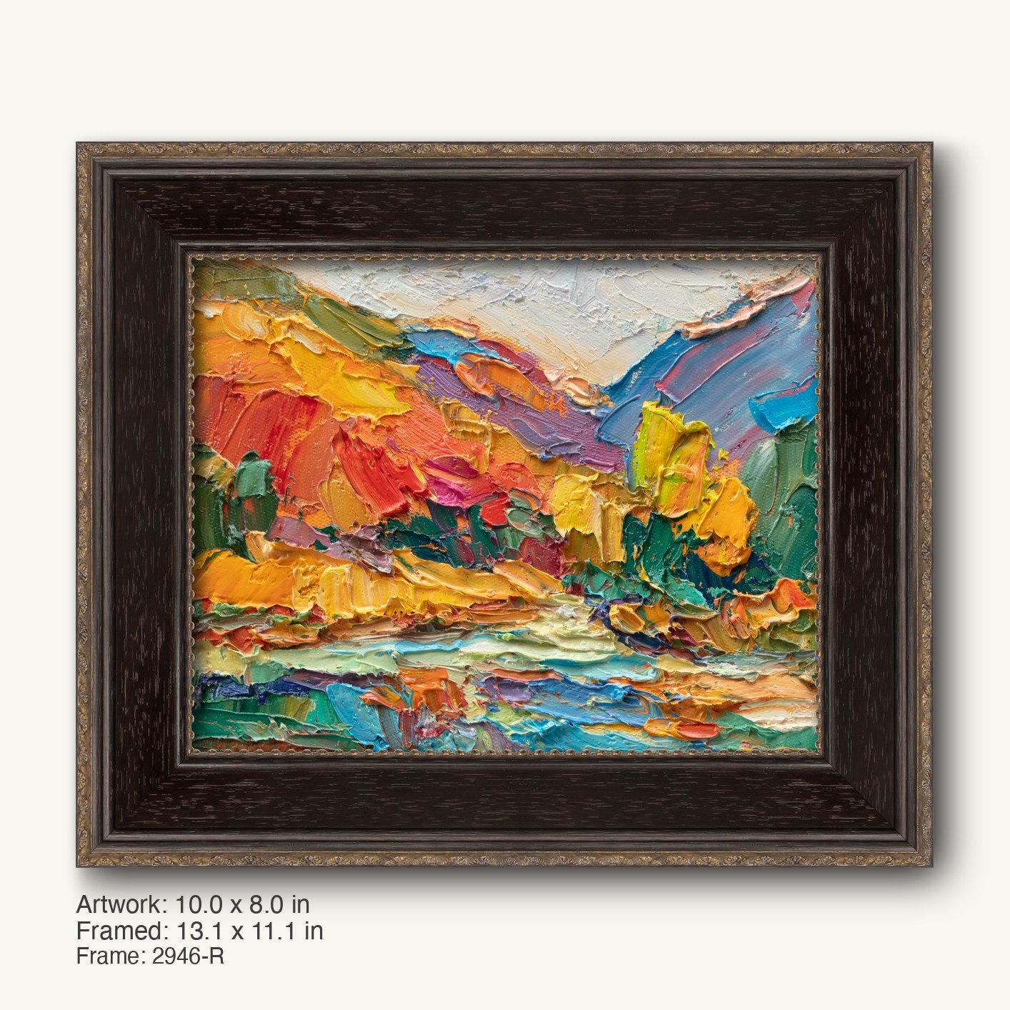 Vibrant abstract landscape oil painting in dark wood frame with gold accents, showcasing bold red, yellow, blue, and green textures on canvas