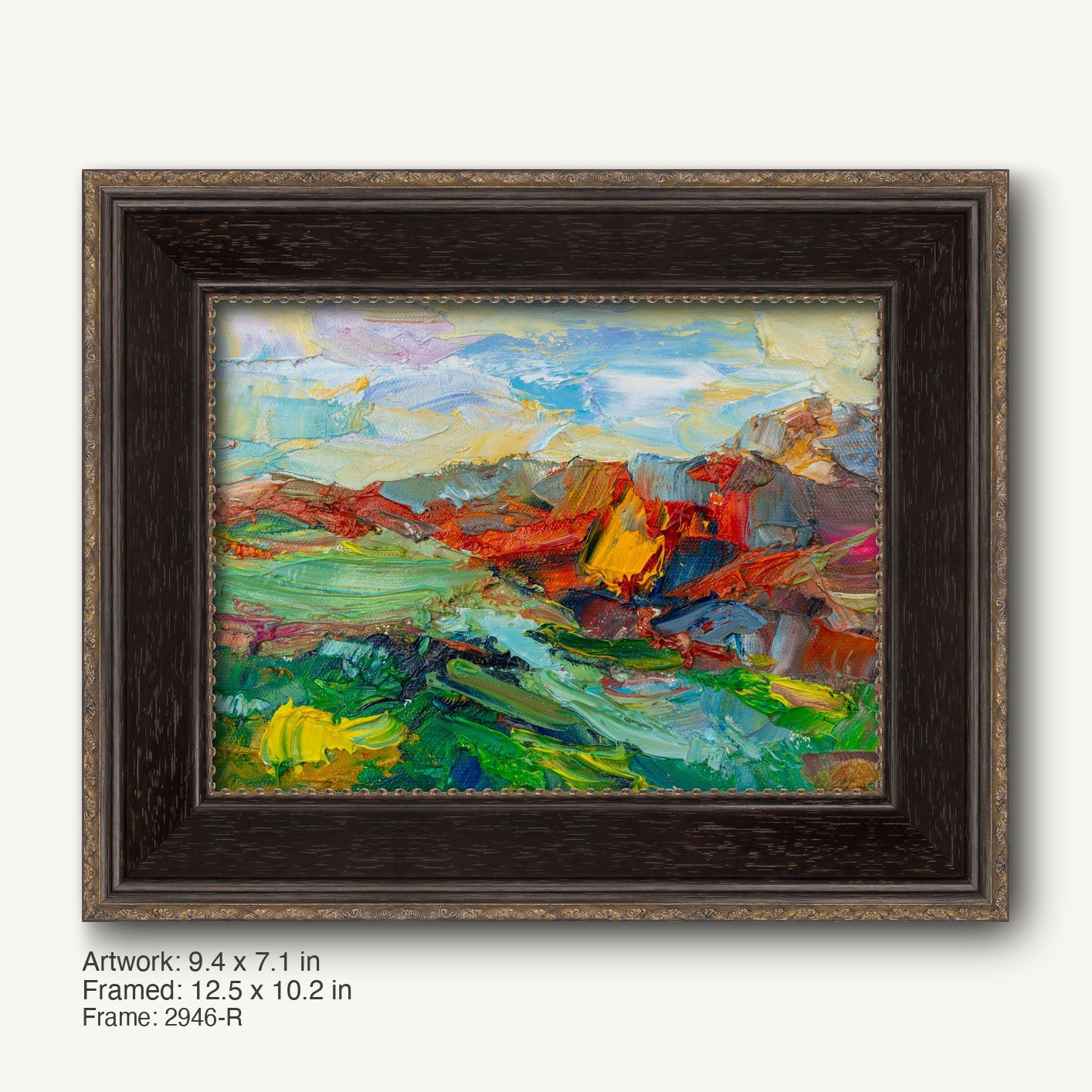Expressive mountain landscape oil painting in dark wood frame with gold trim, vibrant colors and textured brushwork on canvas