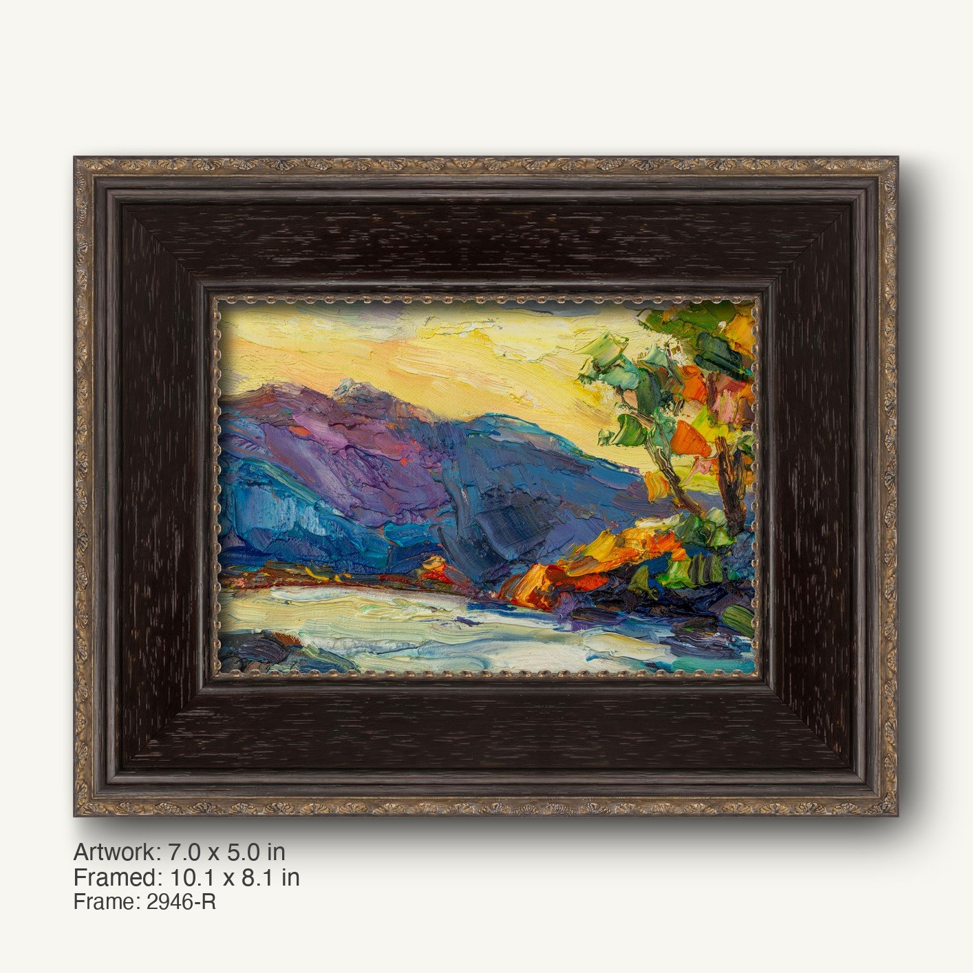 Palette Knife Mountain Vista by George Miller in a dark wood frame with gold accents, showcasing vibrant abstract landscape with bold blues, purples, and yellows on canvas
