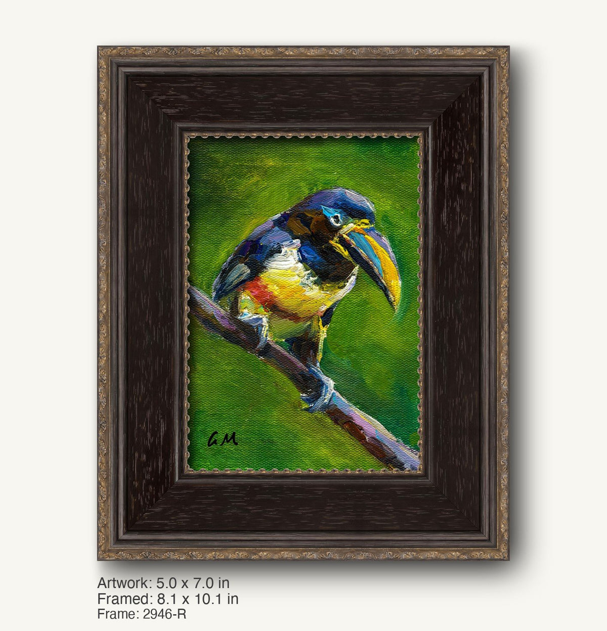 Hand-painted toucan portrait in dark wood frame with gold trim, featuring vibrant blue, yellow, and green colors on canvas, initialed by artist