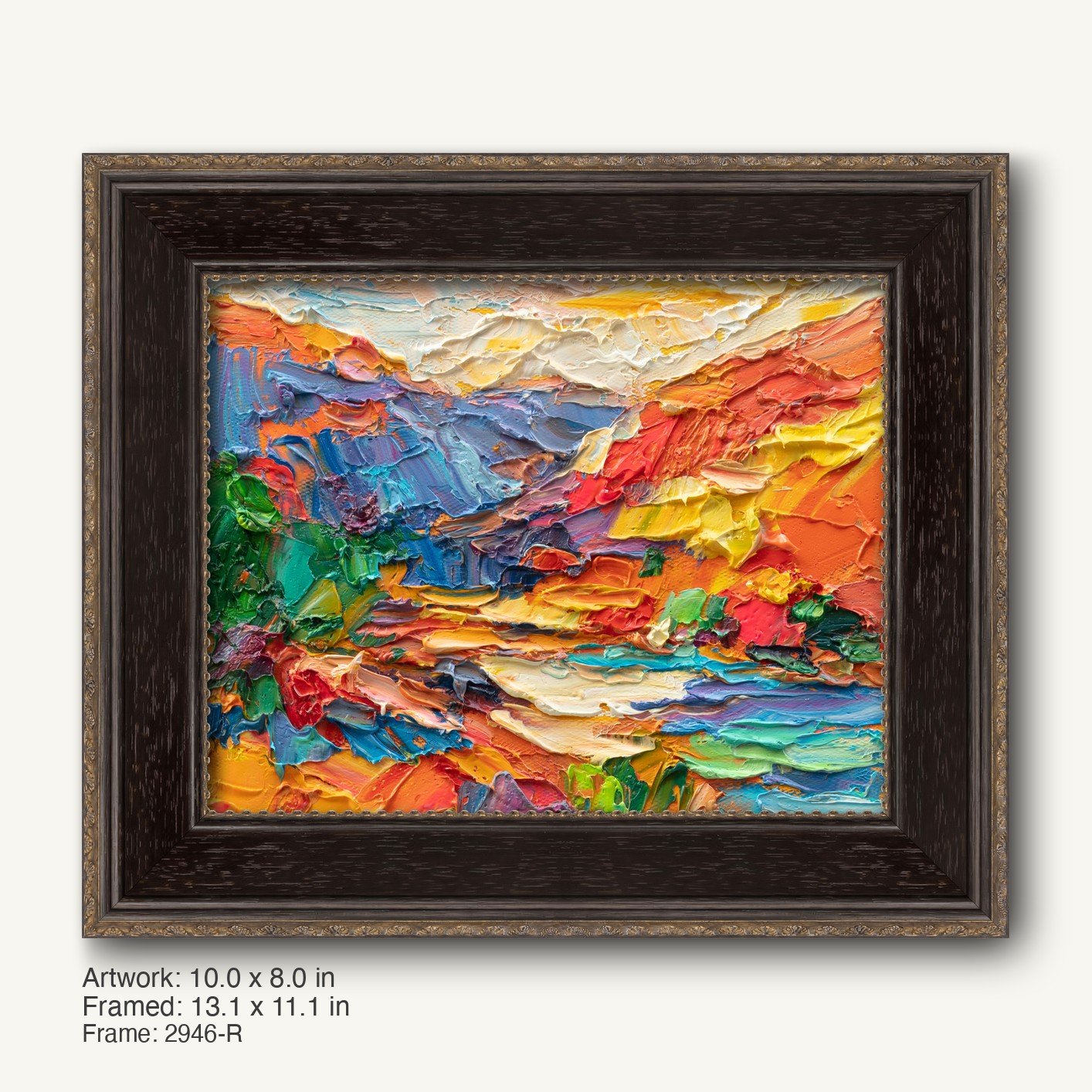 Vibrant impasto sunset landscape painting in dark wood frame with gold trim, showcasing bold textures and warm hues of orange, red, and blue on canvas