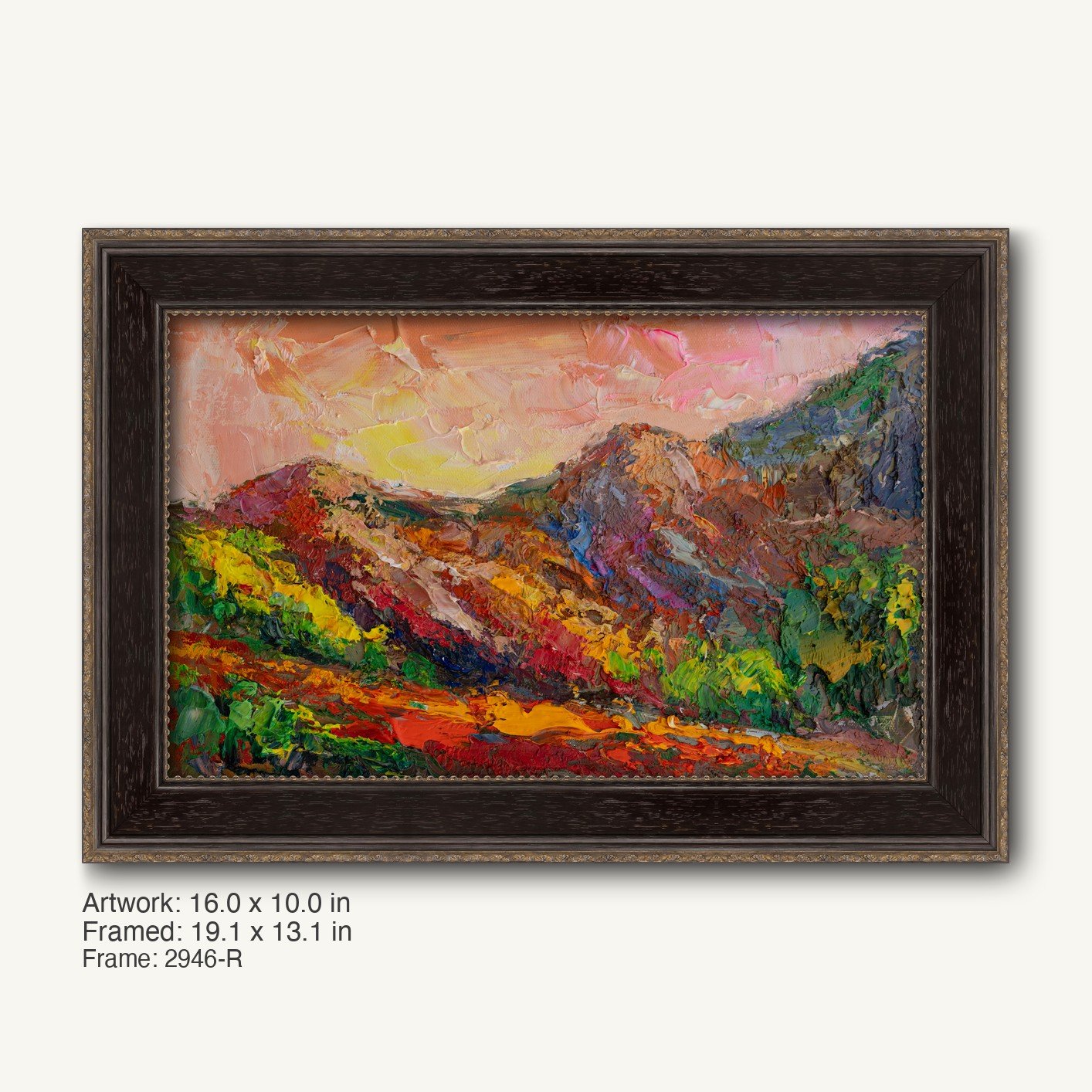 Vibrant impasto mountain landscape in rich reds, greens, and yellows, framed in a dark wood frame with gold trim, horizontal composition on canvas