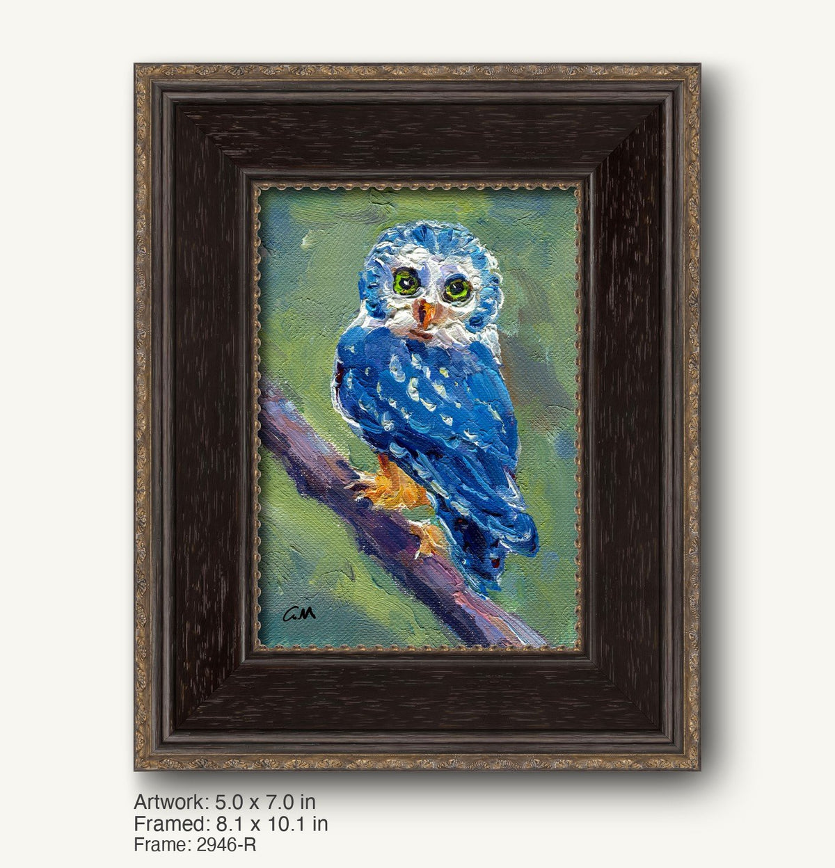 Textured blue owl portrait by George Miller in dark wood frame with gold trim, vertical composition, perched on branch against green background